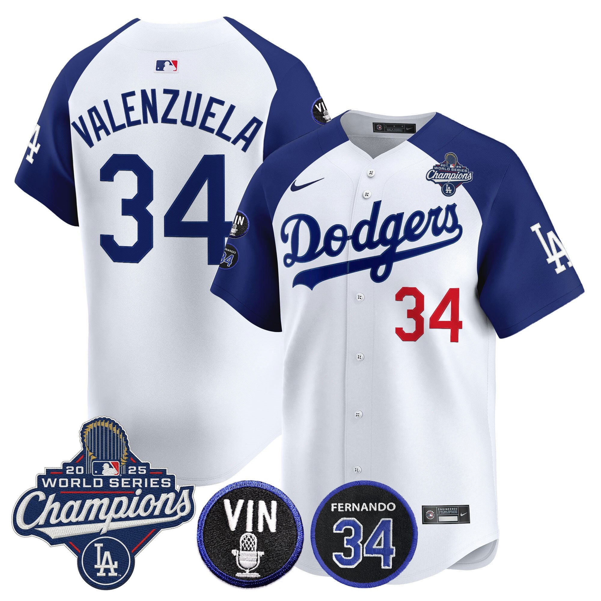 Men's Dodgers 2025 World Series Champions Vapor Premier Limited Jersey - Vin Scully & Fernando Patch - All Stitched