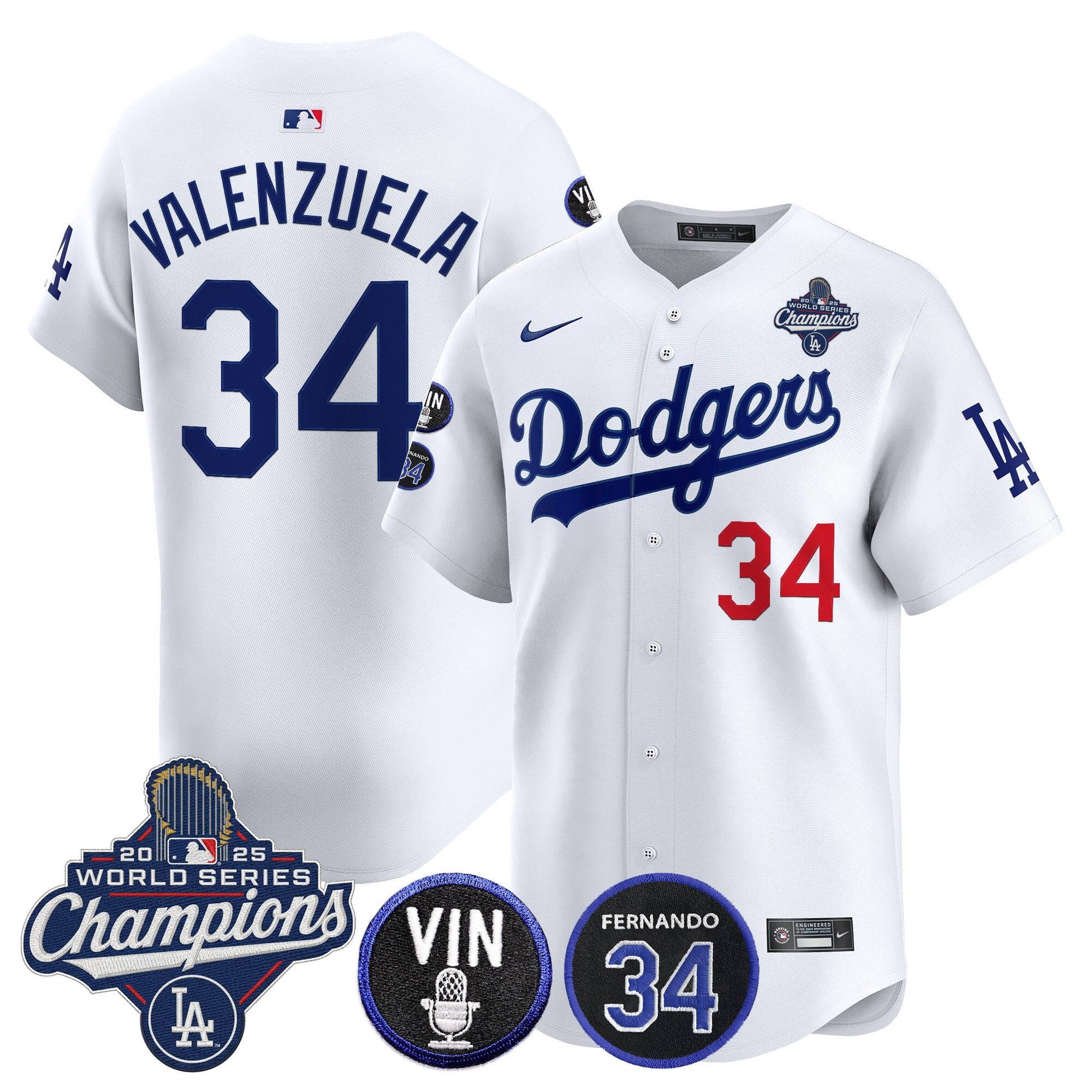 Men's Dodgers 2025 World Series Champions Vapor Premier Limited Jersey - Vin Scully & Fernando Patch - All Stitched
