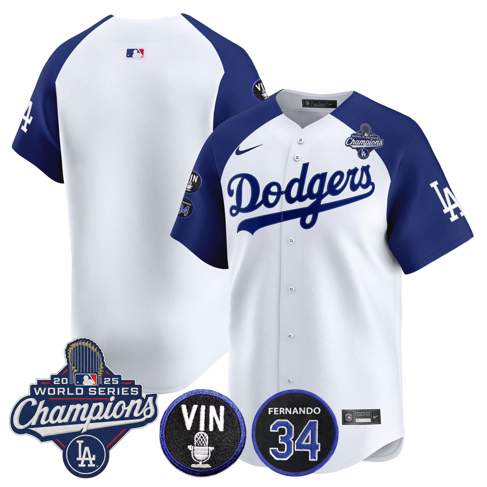 Men's Dodgers 2025 World Series Champions Vapor Premier Limited Jersey - Vin Scully & Fernando Patch - All Stitched