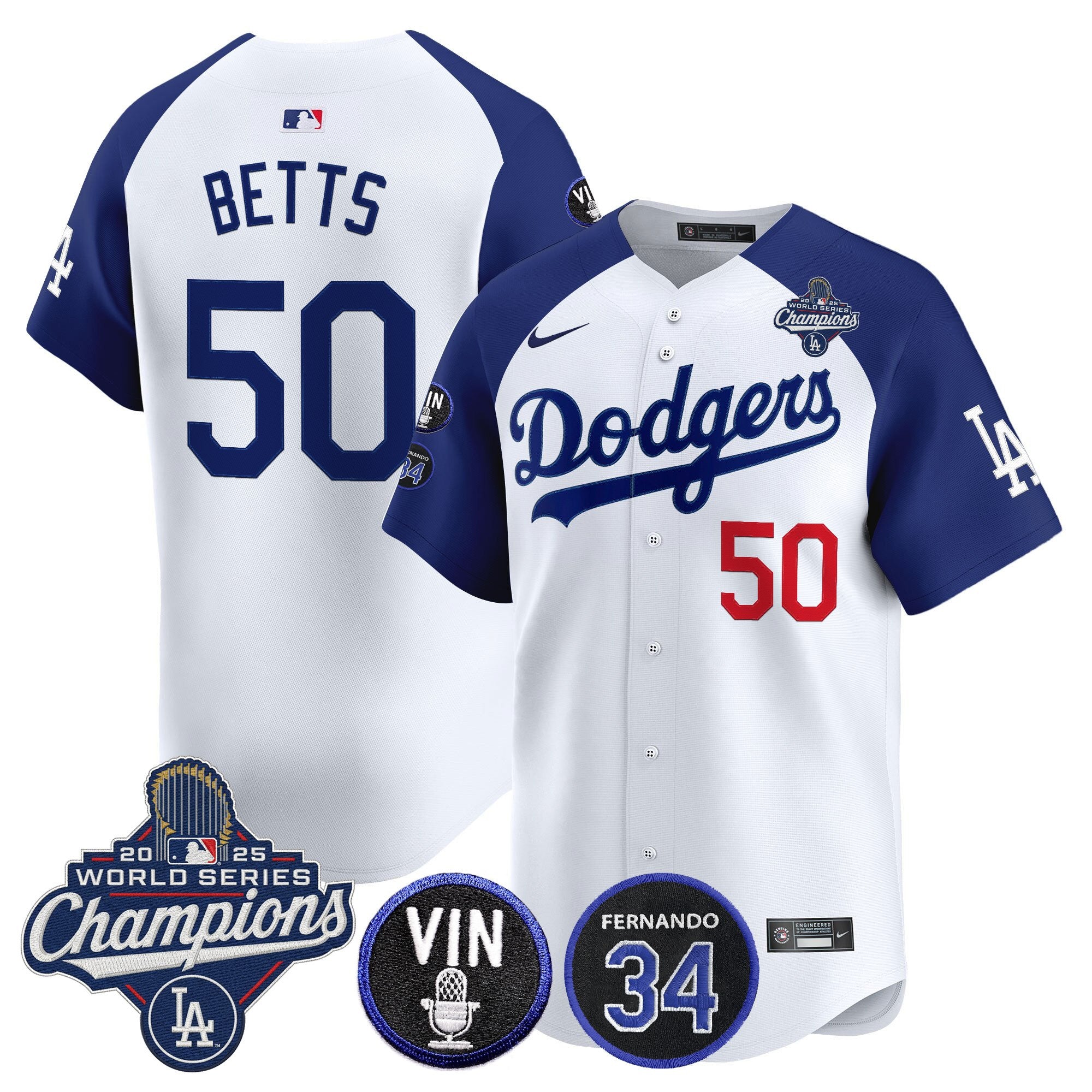 Men's Dodgers 2025 World Series Champions Vapor Premier Limited Jersey - Vin Scully & Fernando Patch - All Stitched