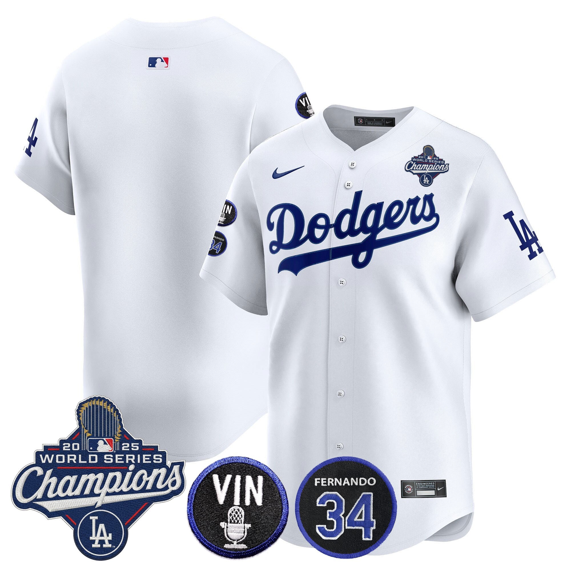 Men's Dodgers 2025 World Series Champions Vapor Premier Limited Jersey - Vin Scully & Fernando Patch - All Stitched