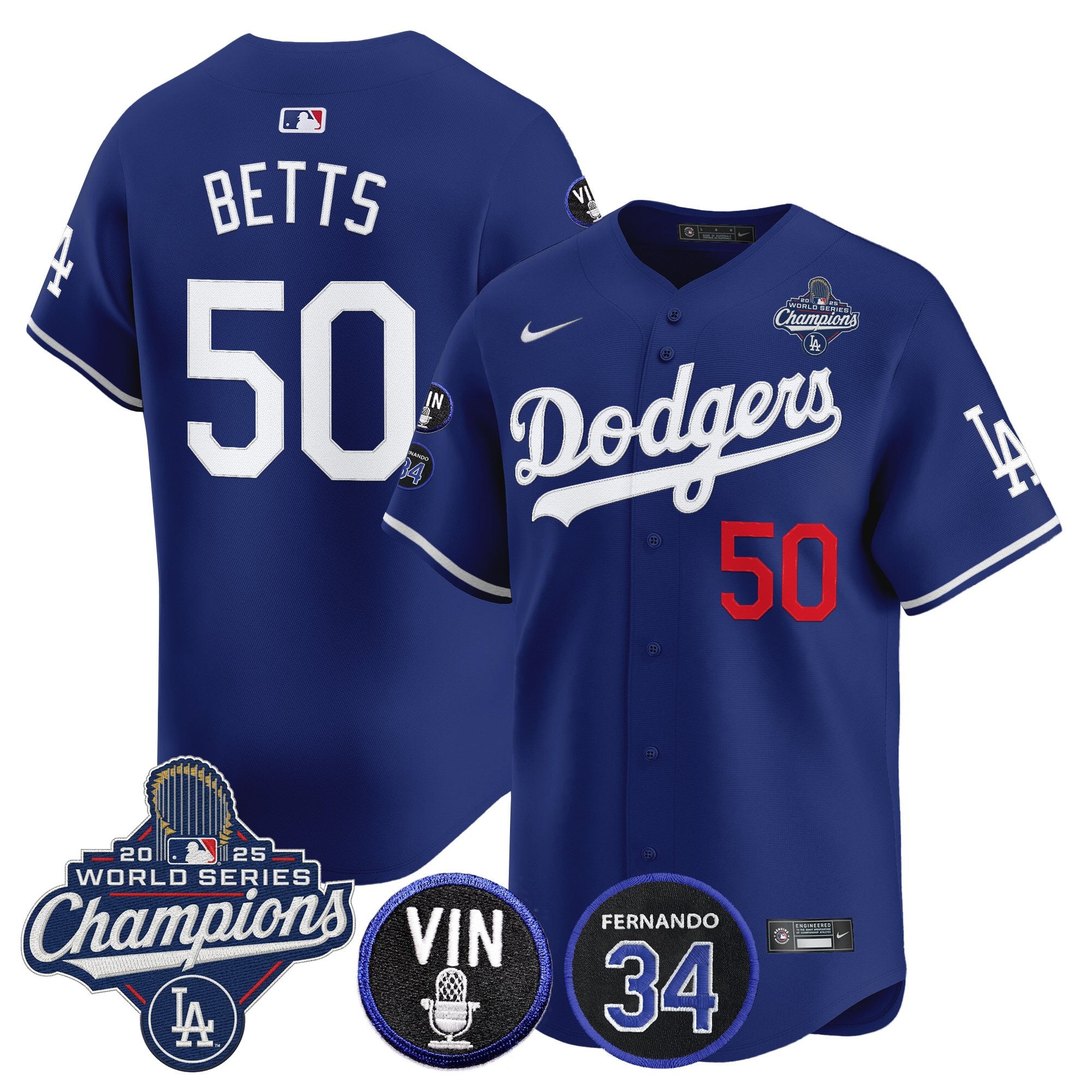 Men's Dodgers 2025 World Series Champions Vapor Premier Limited Jersey - Vin Scully & Fernando Patch - All Stitched