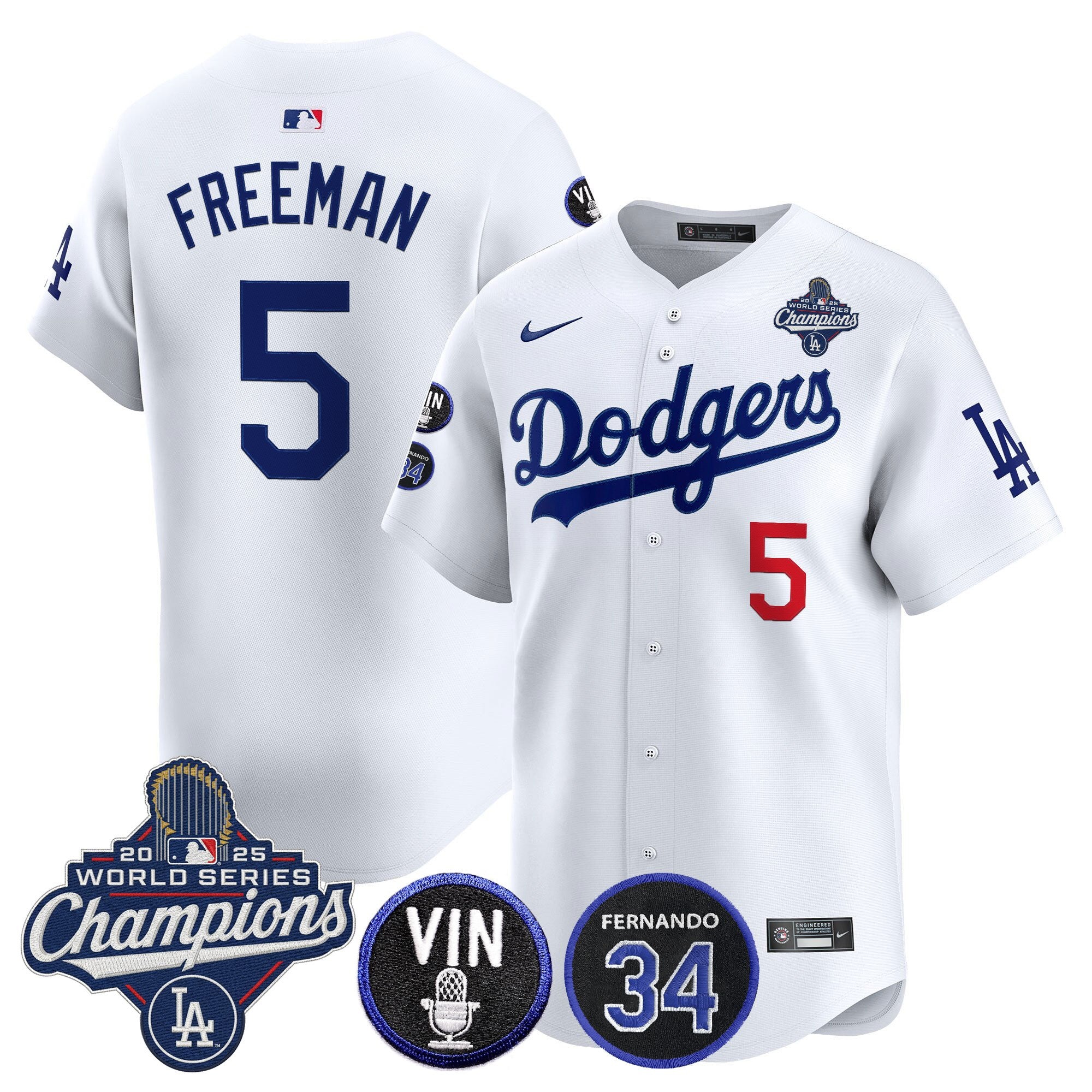 Men's Dodgers 2025 World Series Champions Vapor Premier Limited Jersey - Vin Scully & Fernando Patch - All Stitched