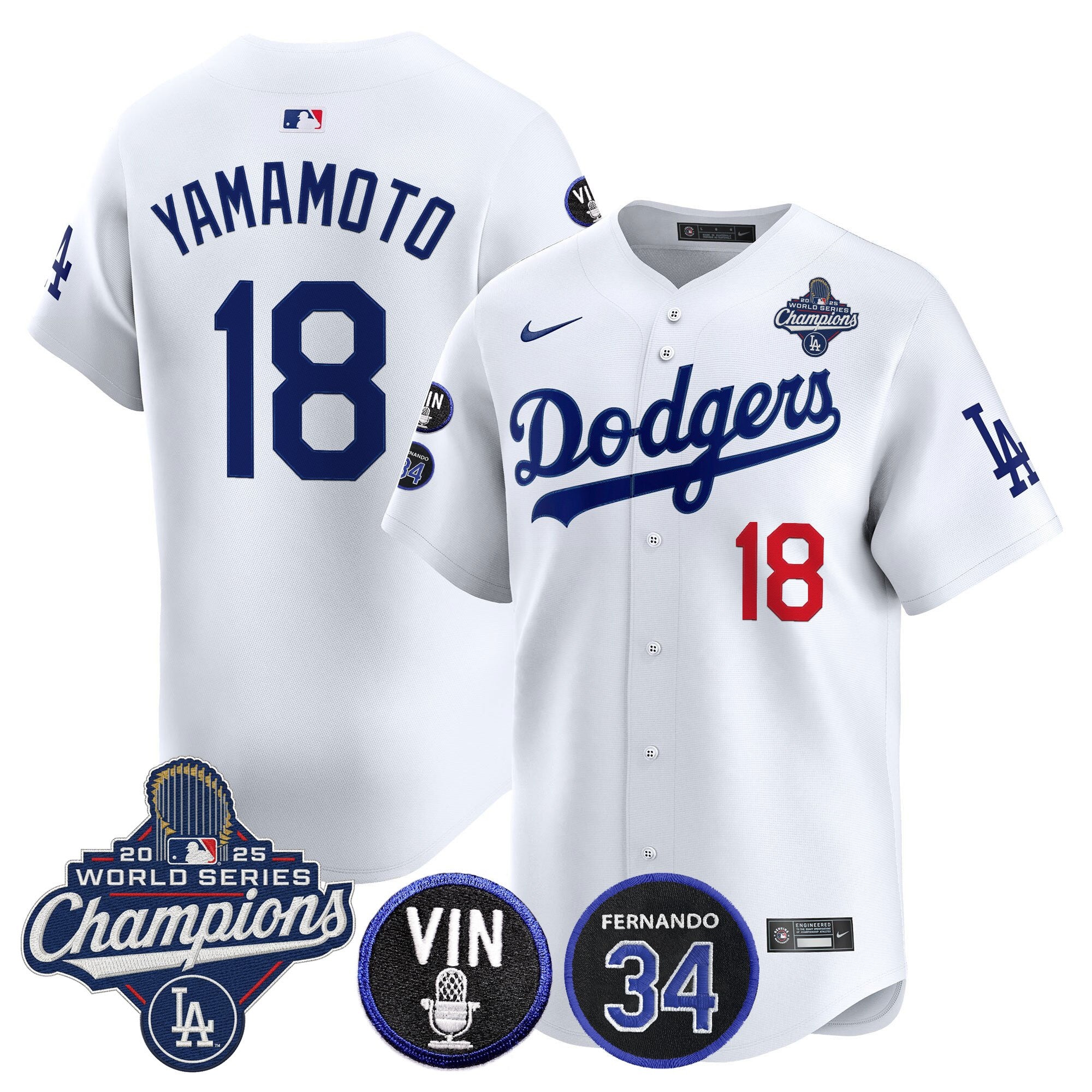 Men's Dodgers 2025 World Series Champions Vapor Premier Limited Jersey - Vin Scully & Fernando Patch - All Stitched