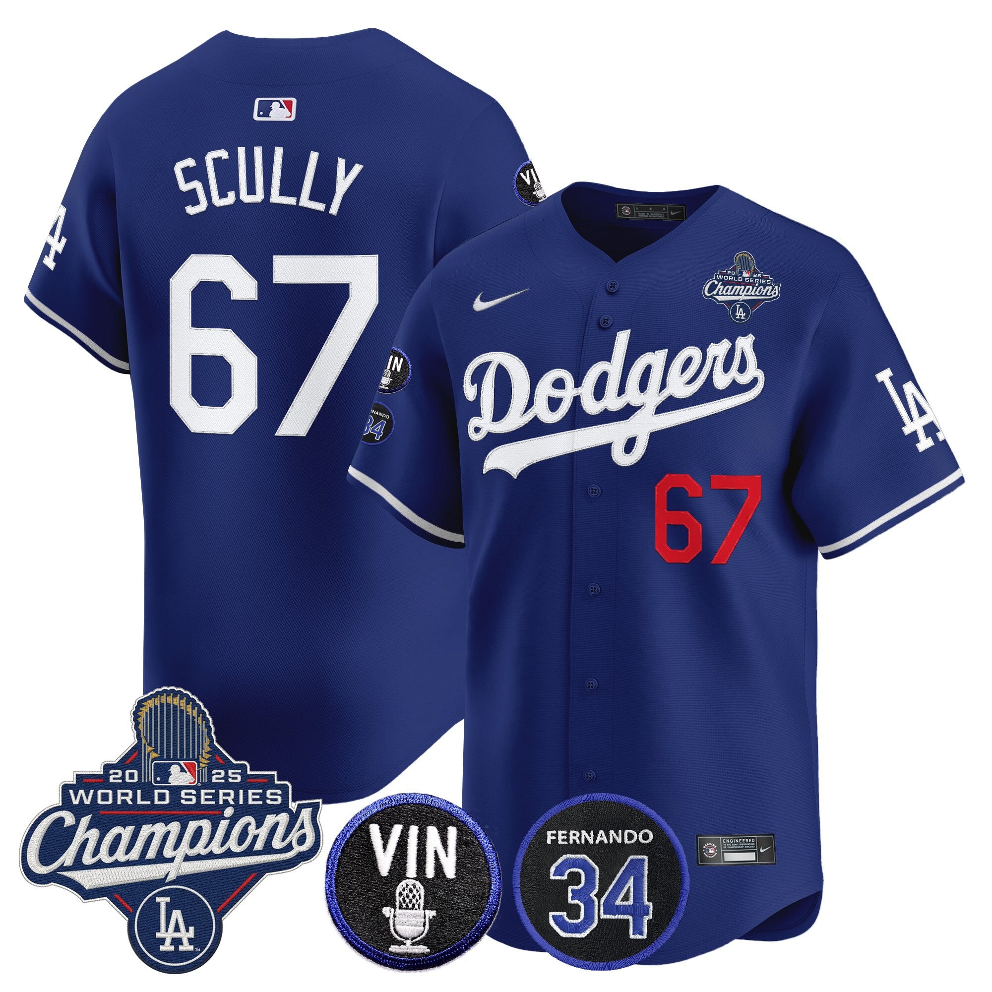 Men's Dodgers 2025 World Series Champions Vapor Premier Limited Jersey - Vin Scully & Fernando Patch - All Stitched