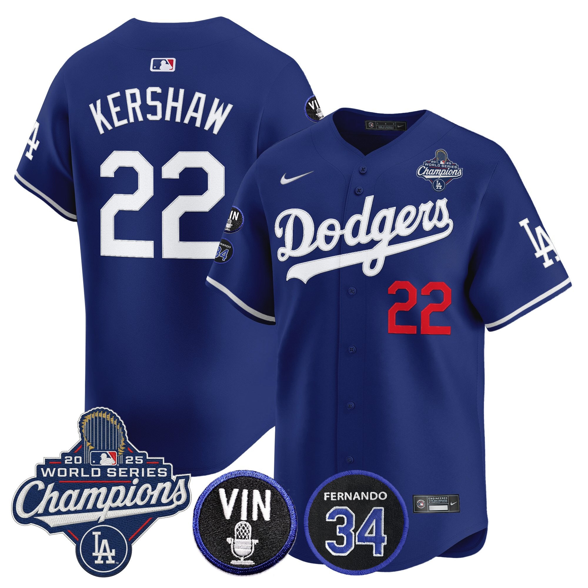 Men's Dodgers 2025 World Series Champions Vapor Premier Limited Jersey - Vin Scully & Fernando Patch - All Stitched