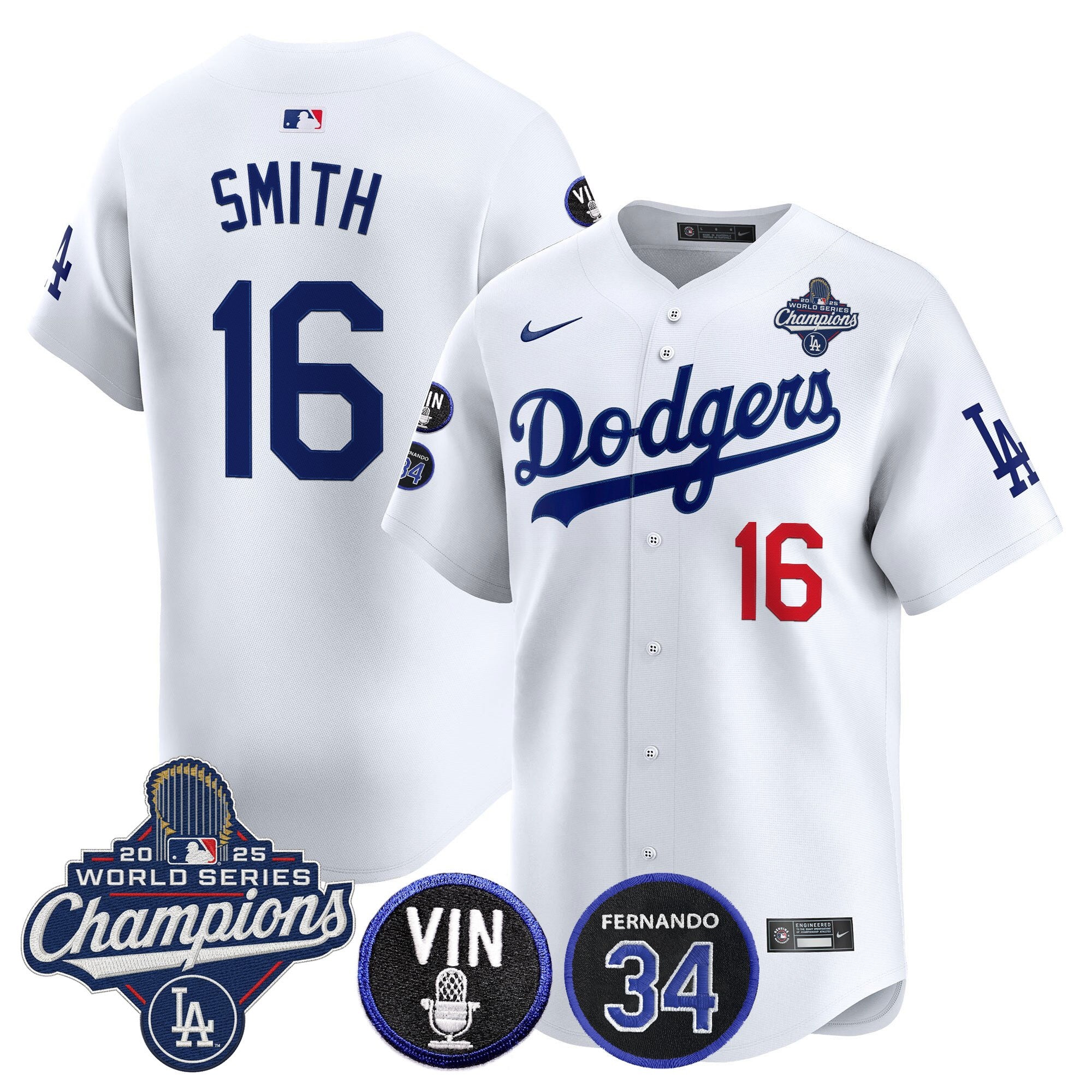 Men's Dodgers 2025 World Series Champions Vapor Premier Limited Jersey - Vin Scully & Fernando Patch - All Stitched