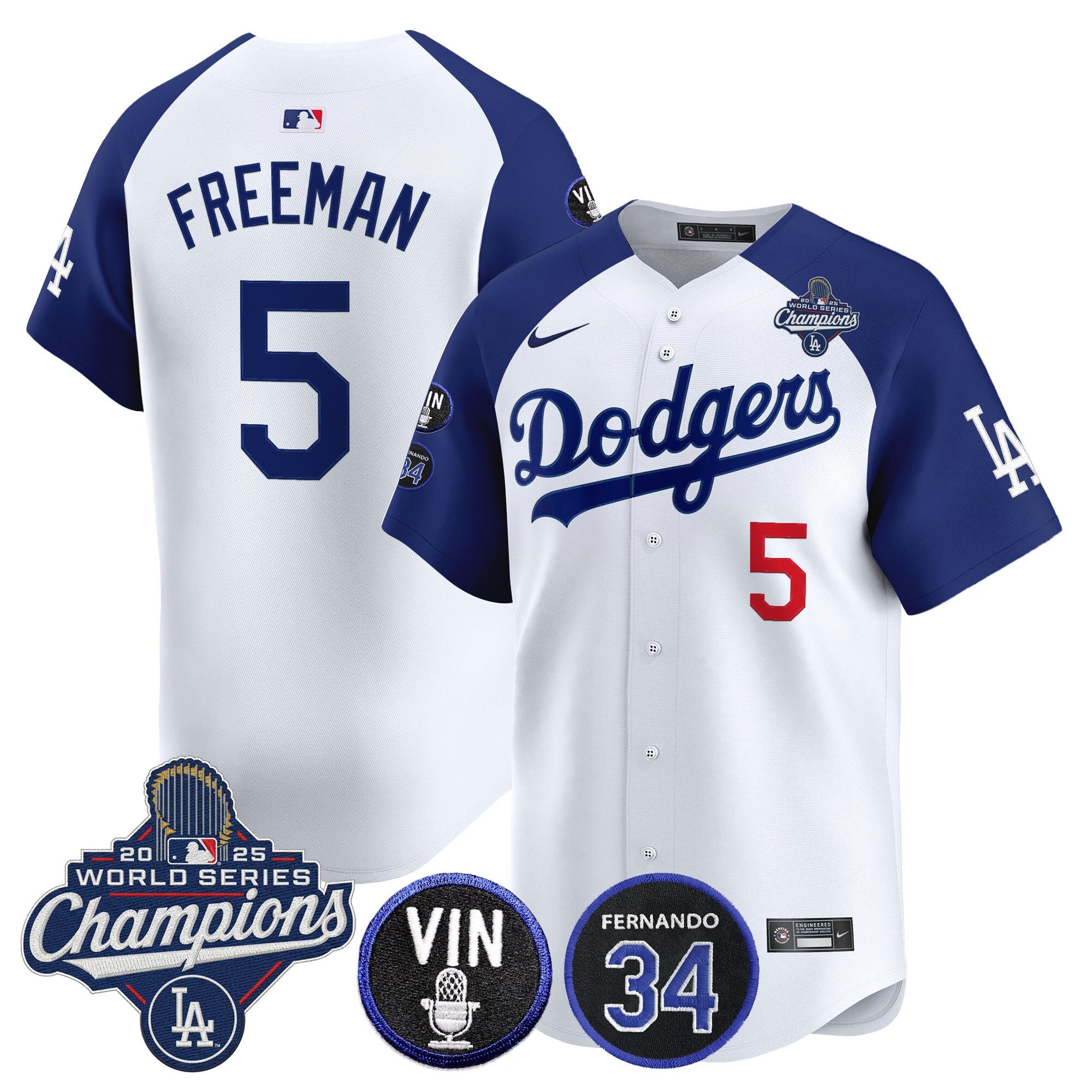 Men's Dodgers 2025 World Series Champions Vapor Premier Limited Jersey - Vin Scully & Fernando Patch - All Stitched