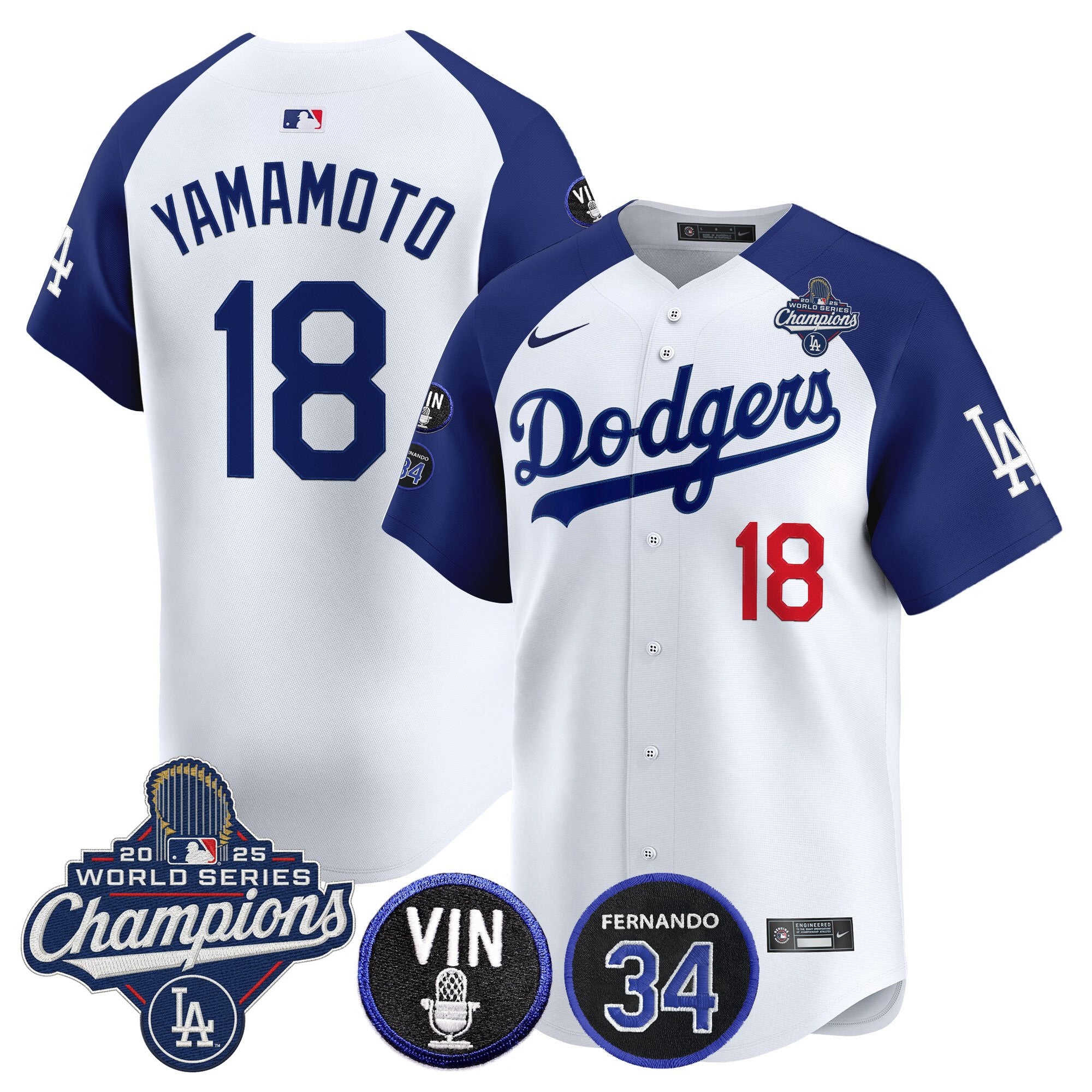 Men's Dodgers 2025 World Series Champions Vapor Premier Limited Jersey - Vin Scully & Fernando Patch - All Stitched