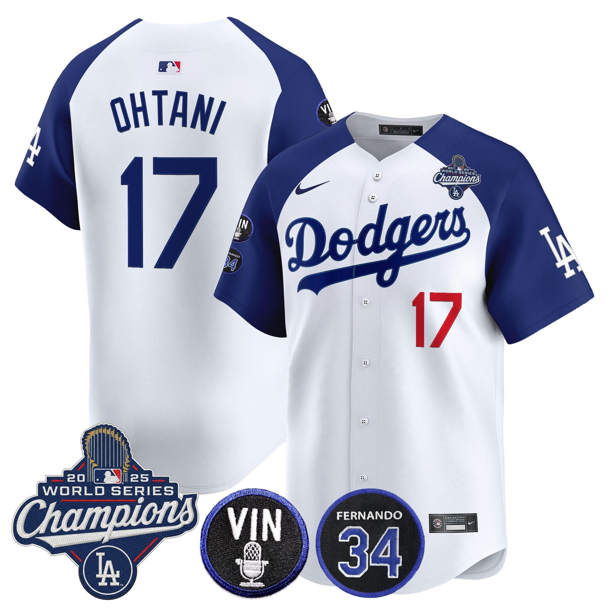 Men's Dodgers 2025 World Series Champions Vapor Premier Limited Jersey - Vin Scully & Fernando Patch - All Stitched