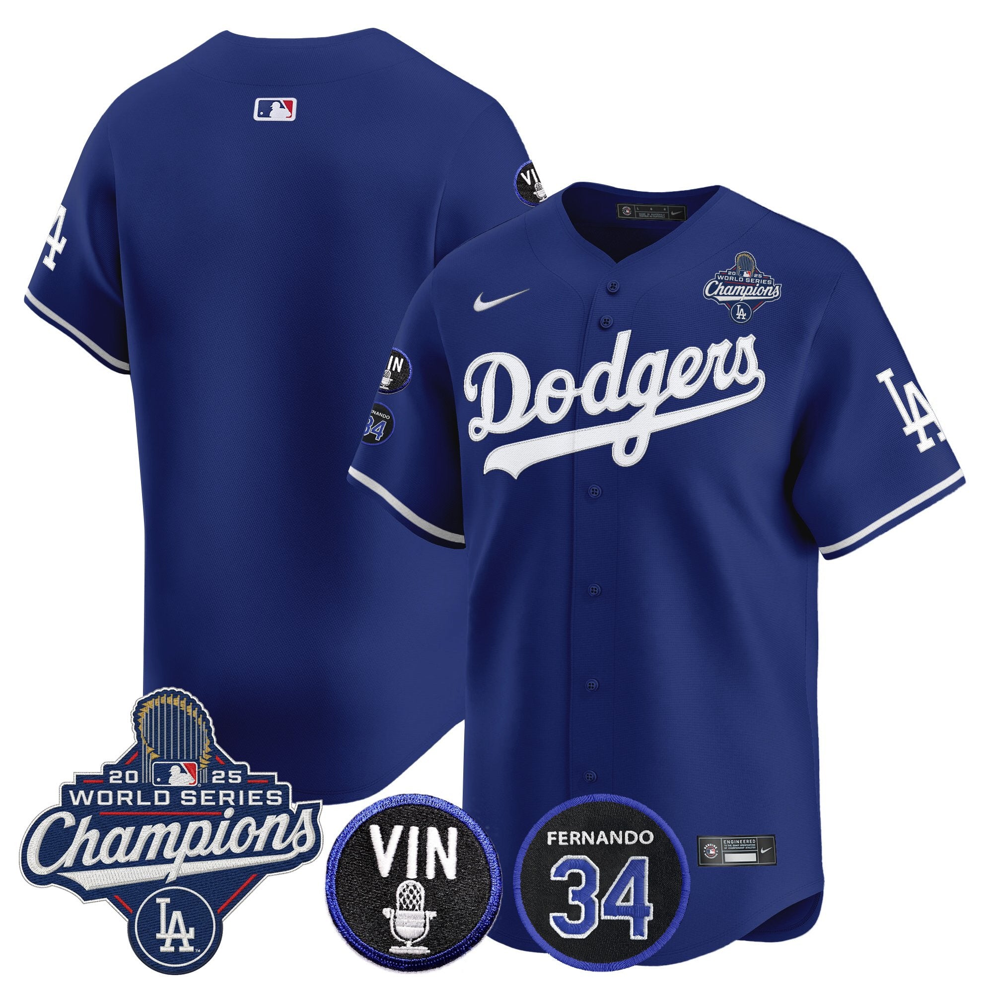 Men's Dodgers 2025 World Series Champions Vapor Premier Limited Jersey - Vin Scully & Fernando Patch - All Stitched