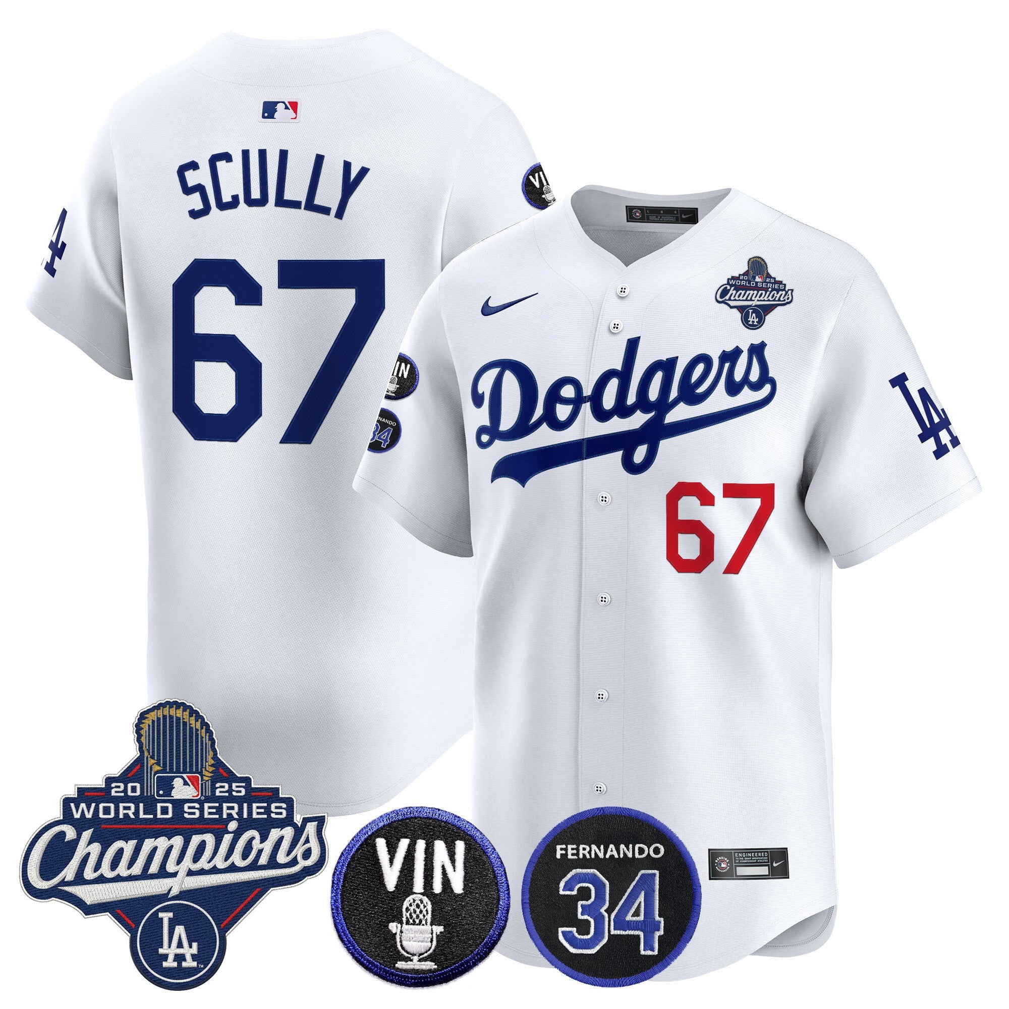 Men's Dodgers 2025 World Series Champions Vapor Premier Limited Jersey - Vin Scully & Fernando Patch - All Stitched