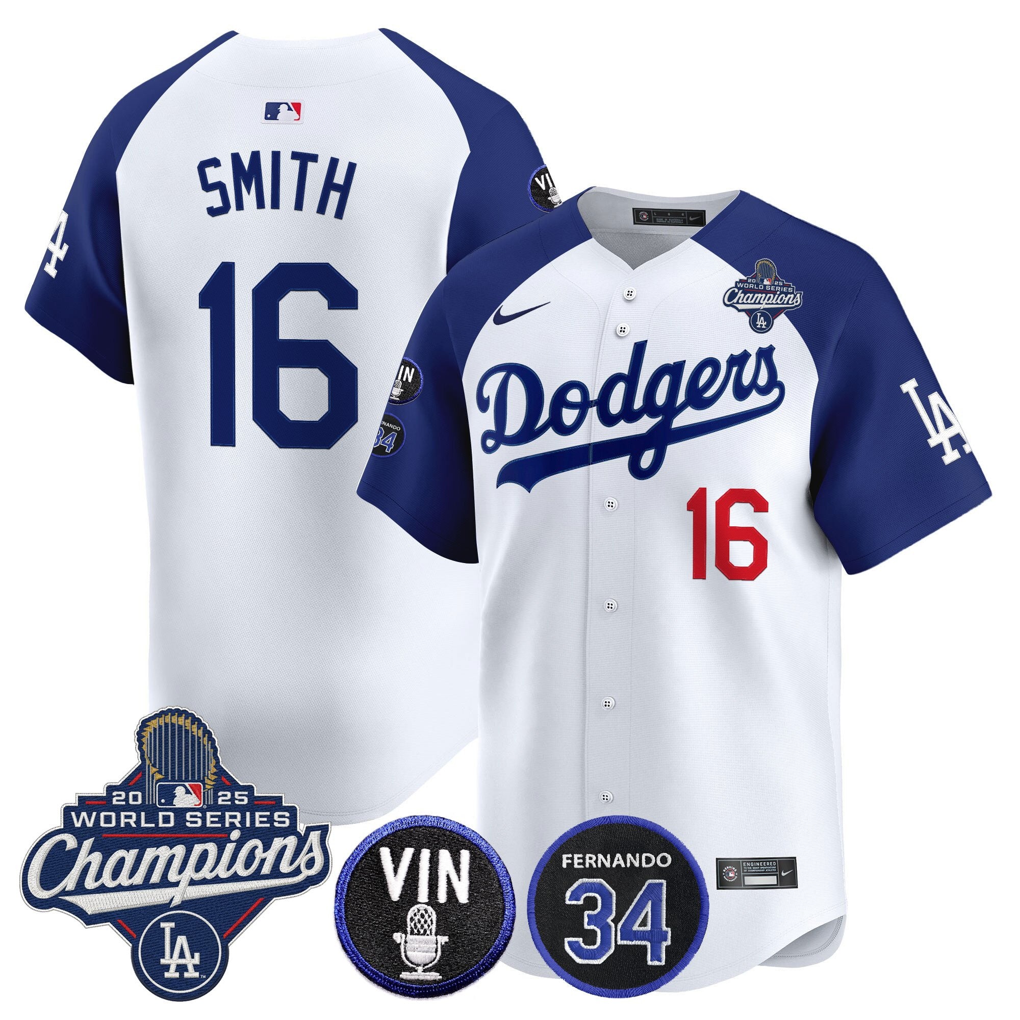 Men's Dodgers 2025 World Series Champions Vapor Premier Limited Jersey - Vin Scully & Fernando Patch - All Stitched