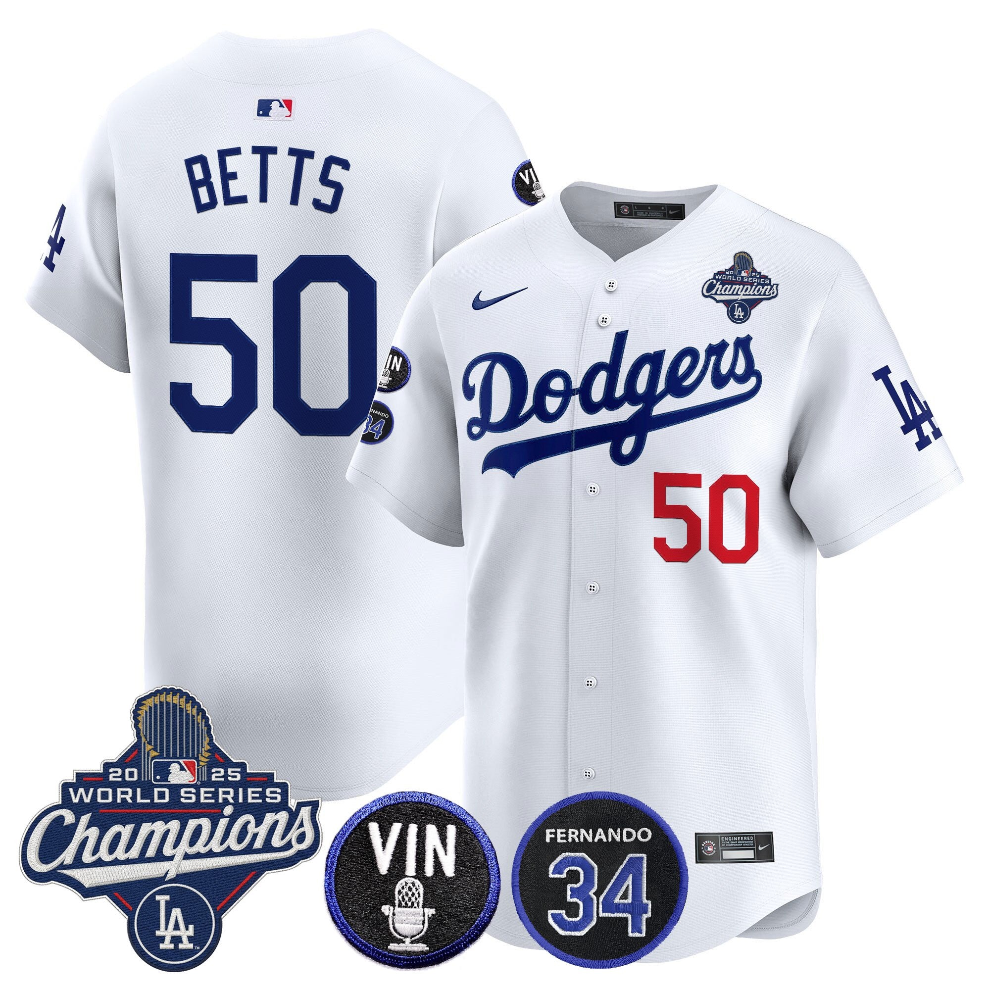 Men's Dodgers 2025 World Series Champions Vapor Premier Limited Jersey - Vin Scully & Fernando Patch - All Stitched