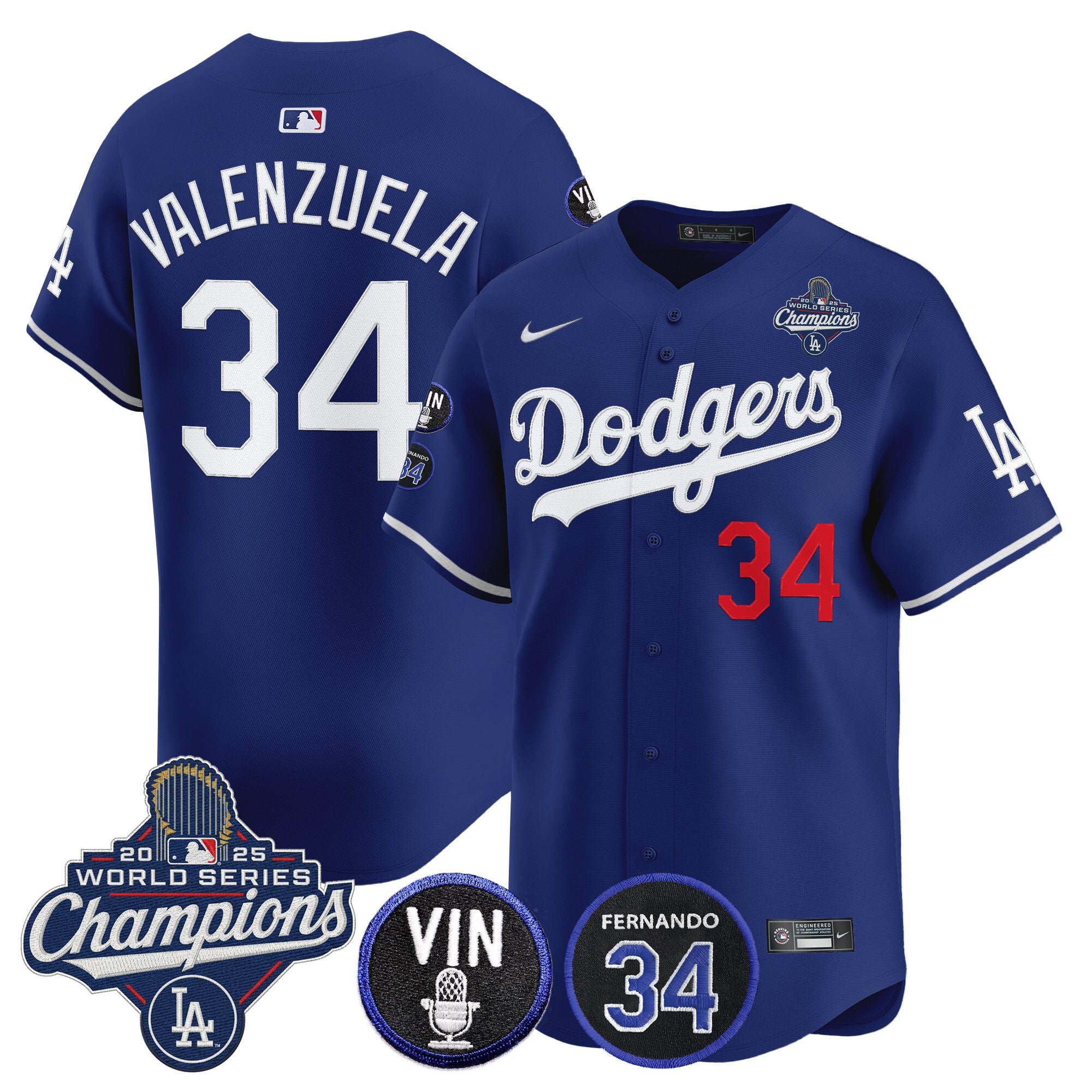 Men's Dodgers 2025 World Series Champions Vapor Premier Limited Jersey - Vin Scully & Fernando Patch - All Stitched