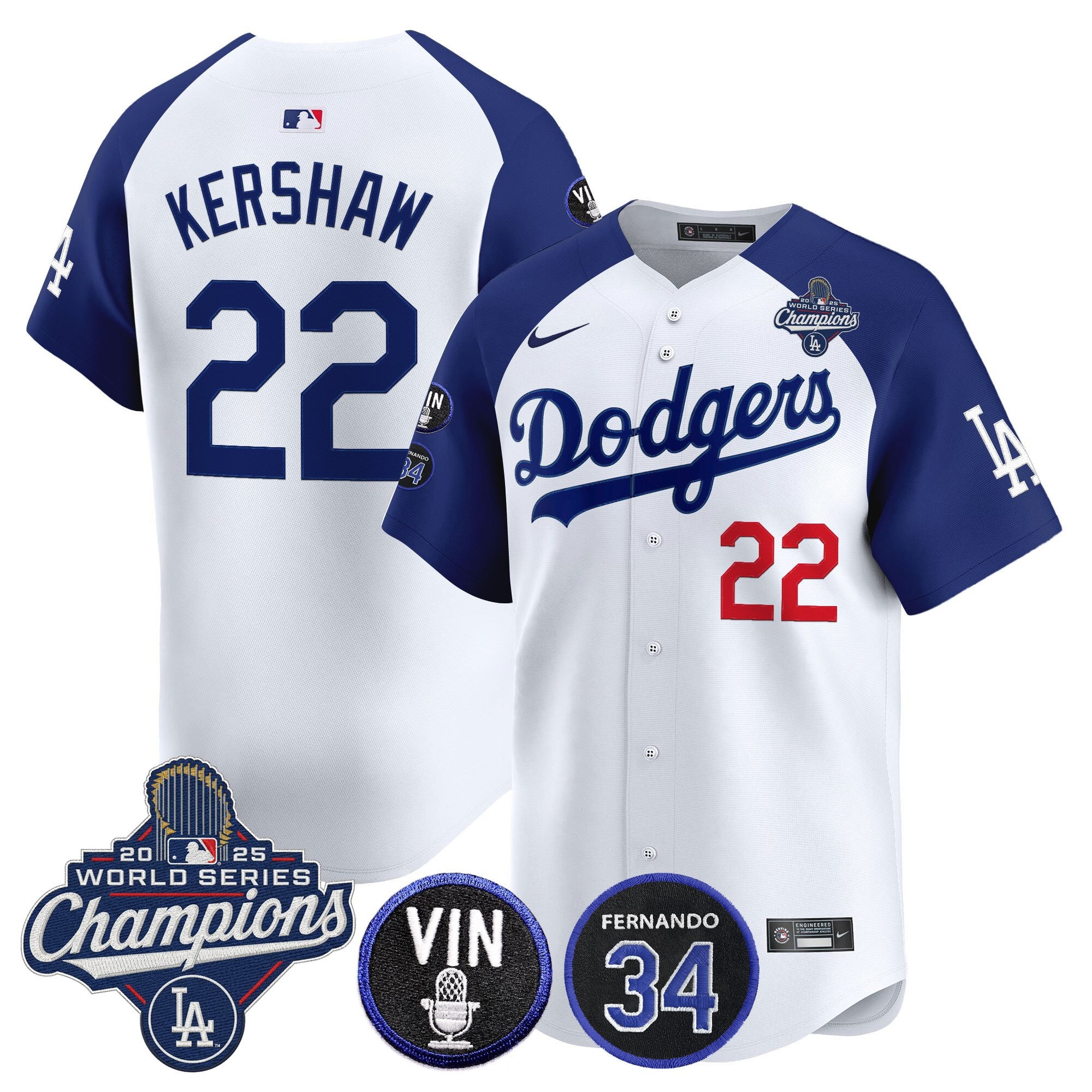 Men's Dodgers 2025 World Series Champions Vapor Premier Limited Jersey - Vin Scully & Fernando Patch - All Stitched