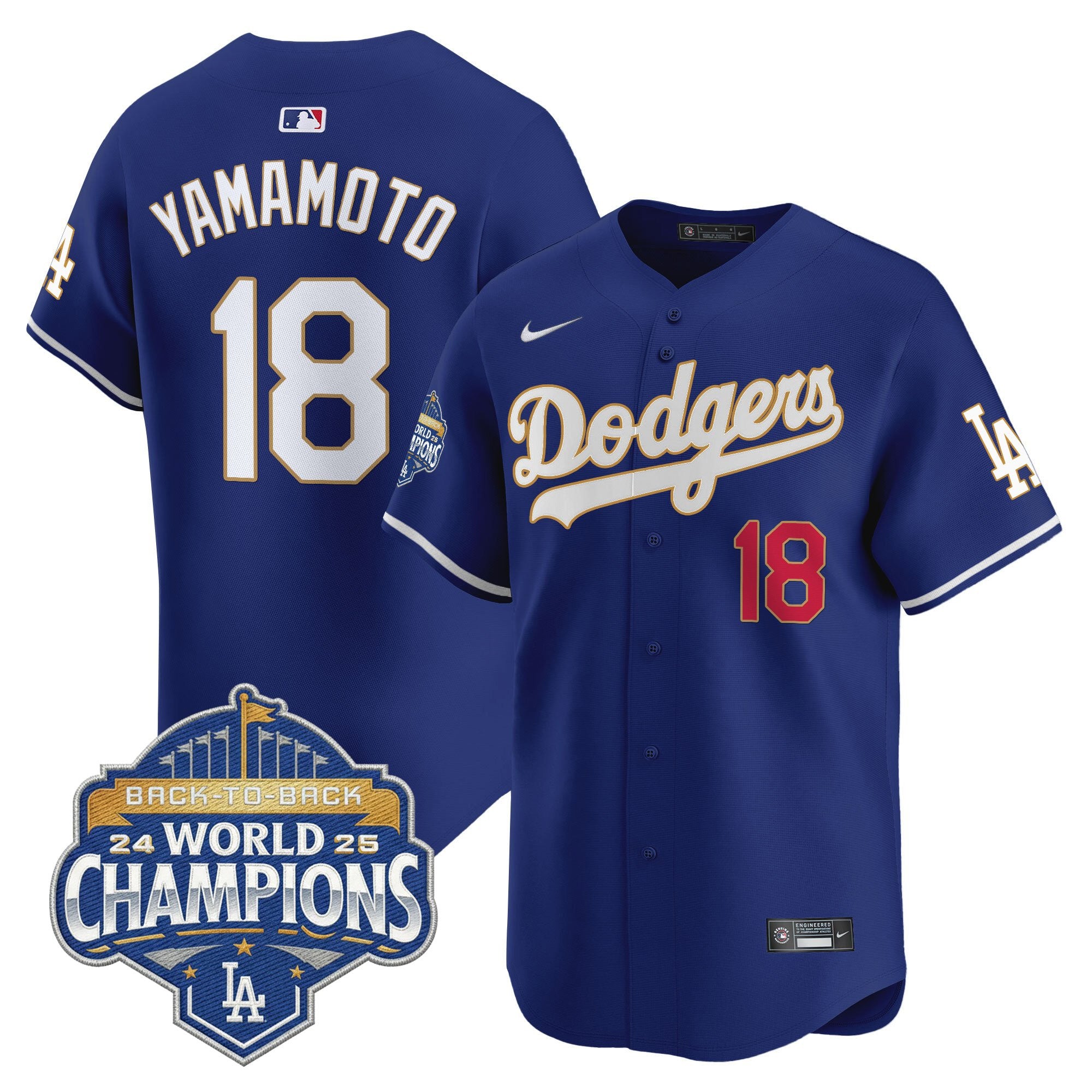 Men's Dodgers 2025 Back-To-Back Champions Gold Trim Vapor Premier Limited Jersey - All Stitched