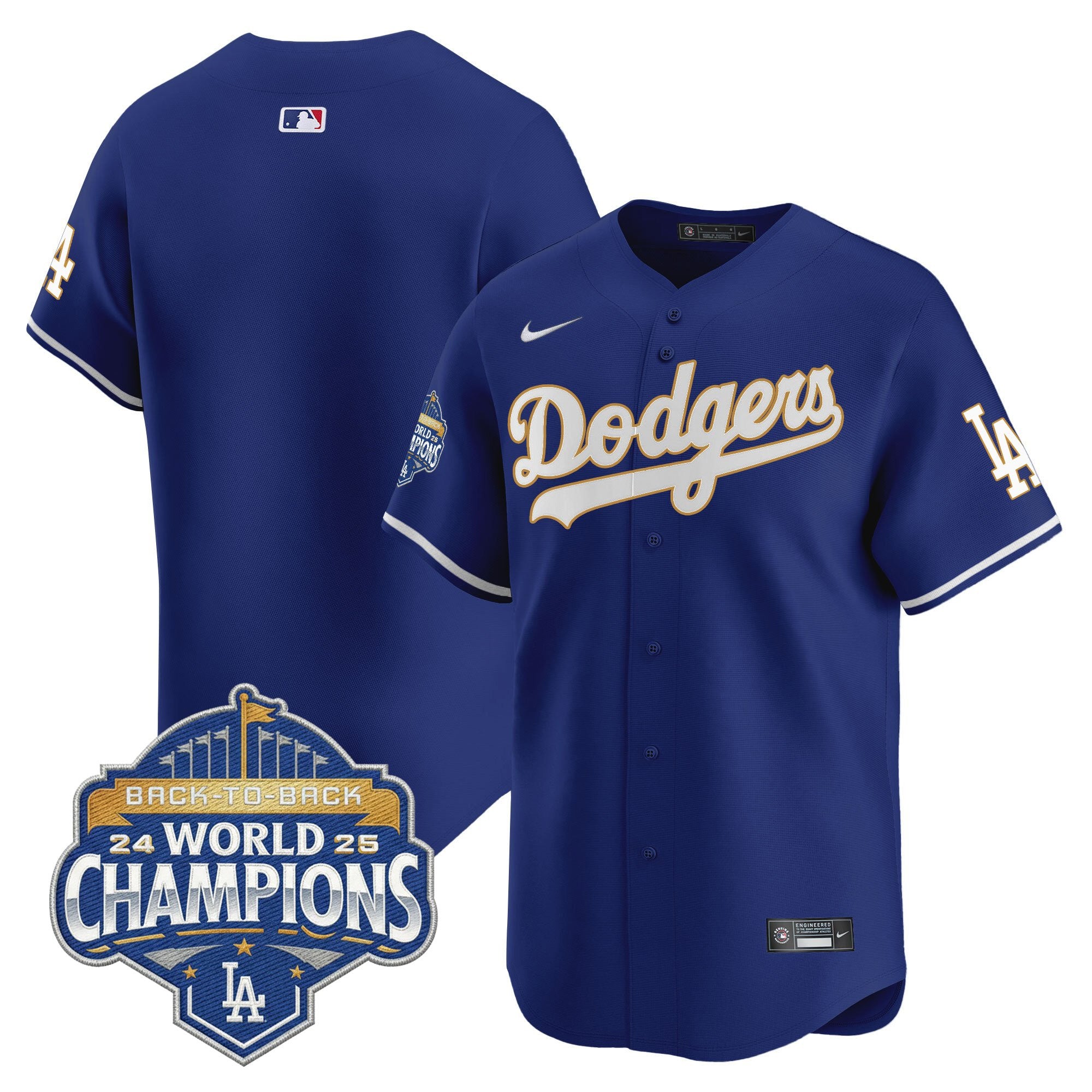 Men's Dodgers 2025 Back-To-Back Champions Gold Trim Vapor Premier Limited Jersey - All Stitched