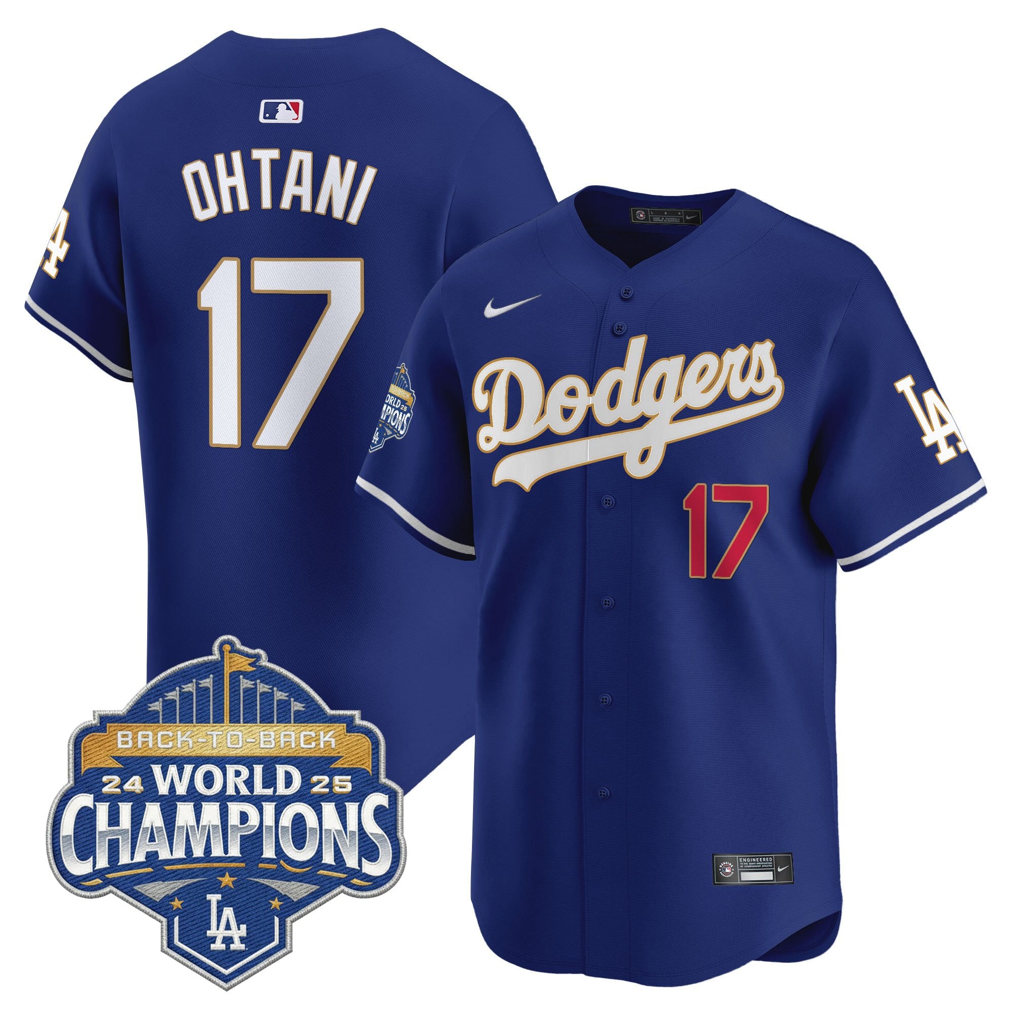 Men's Dodgers 2025 Back-To-Back Champions Gold Trim Vapor Premier Limited Jersey - All Stitched