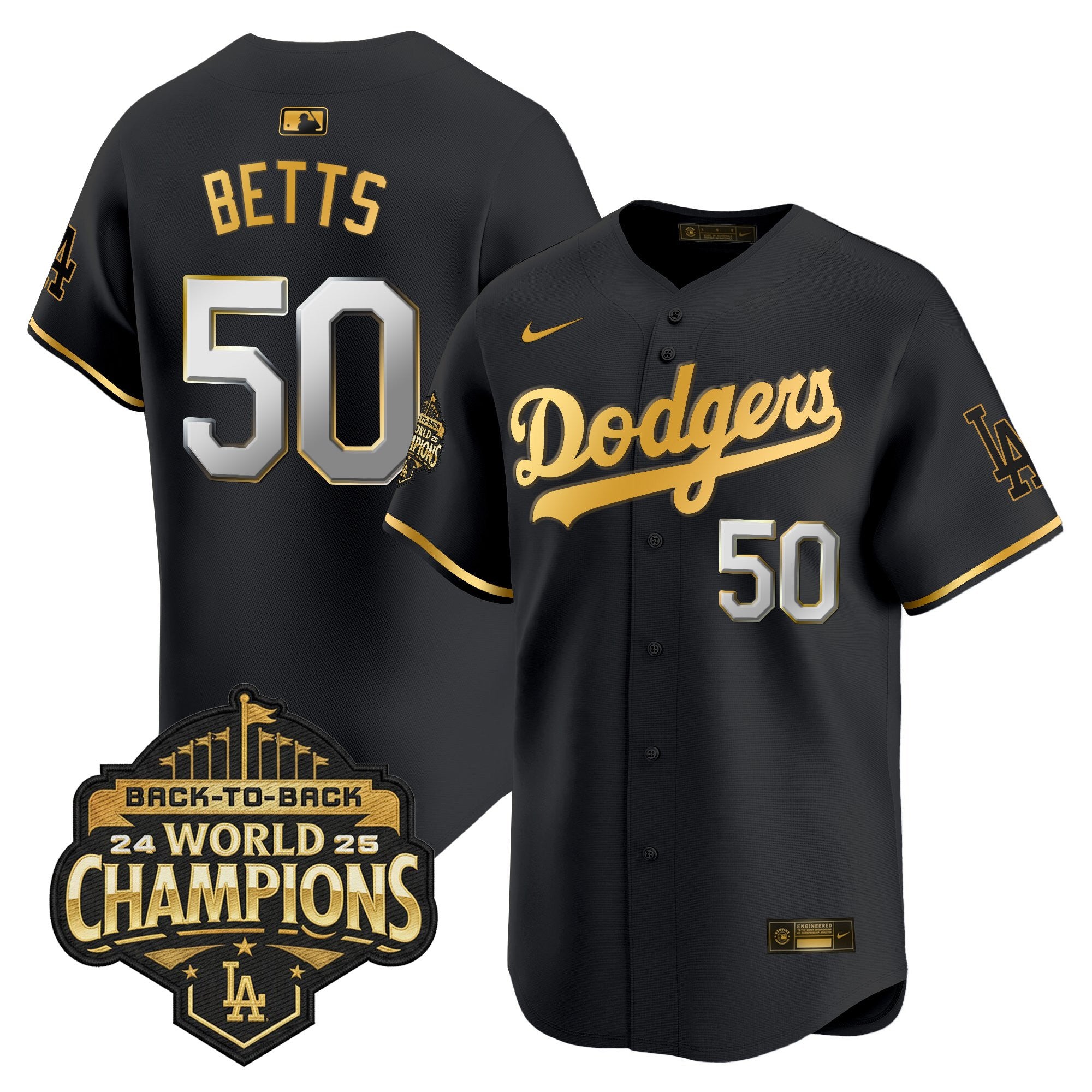 Men's Dodgers 2025 Back-To-Back Champions Gold Trim Vapor Premier Limited Jersey - All Stitched