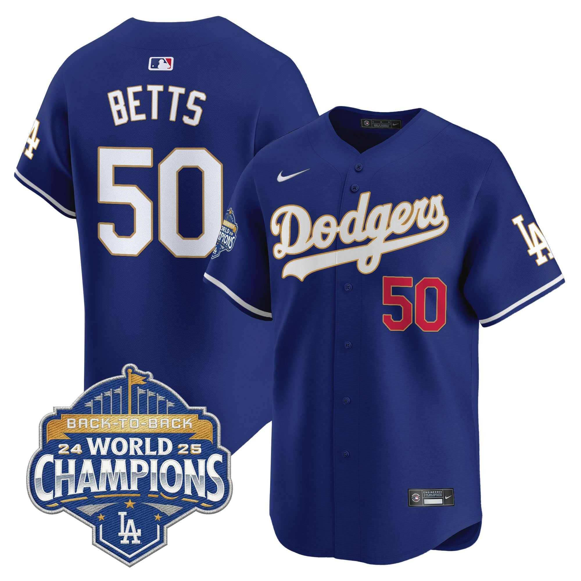Men's Dodgers 2025 Back-To-Back Champions Gold Trim Vapor Premier Limited Jersey - All Stitched