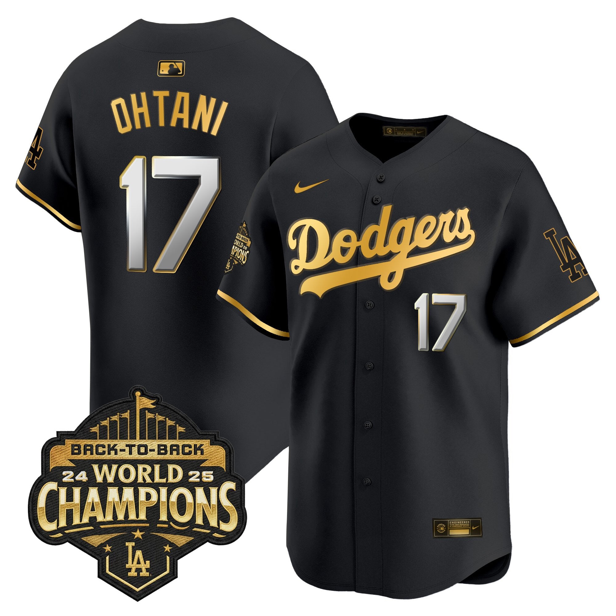 Men's Dodgers 2025 Back-To-Back Champions Gold Trim Vapor Premier Limited Jersey - All Stitched