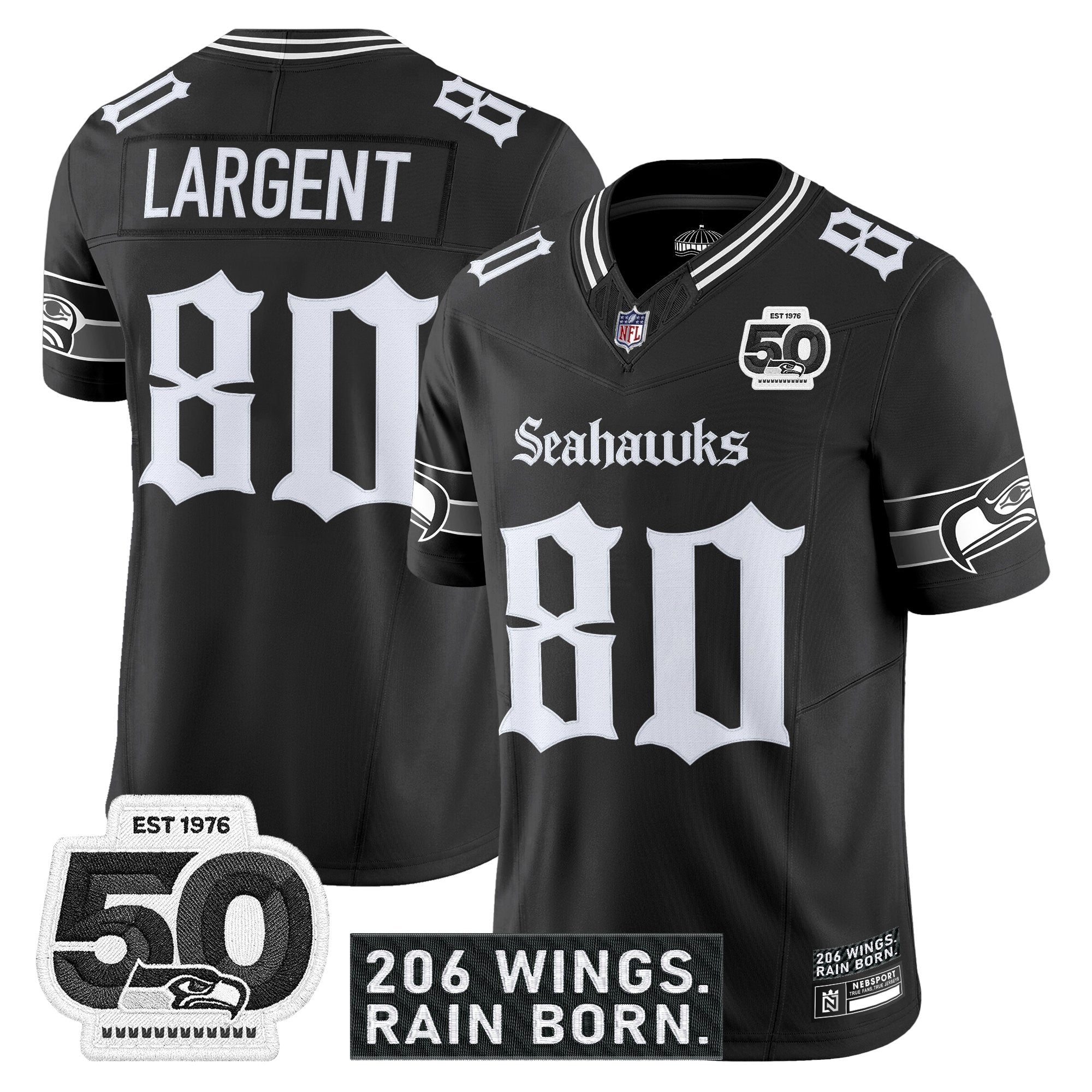 Men's Seattle Seahawks 'Gothic Rain City Shadows Edition' Vapor Jersey - 50th Anniversary Patch - All Stitched