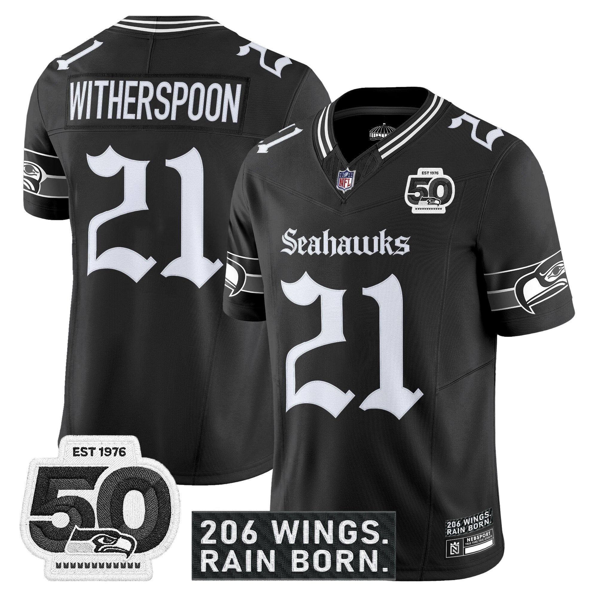 Men's Seattle Seahawks 'Gothic Rain City Shadows Edition' Vapor Jersey - 50th Anniversary Patch - All Stitched