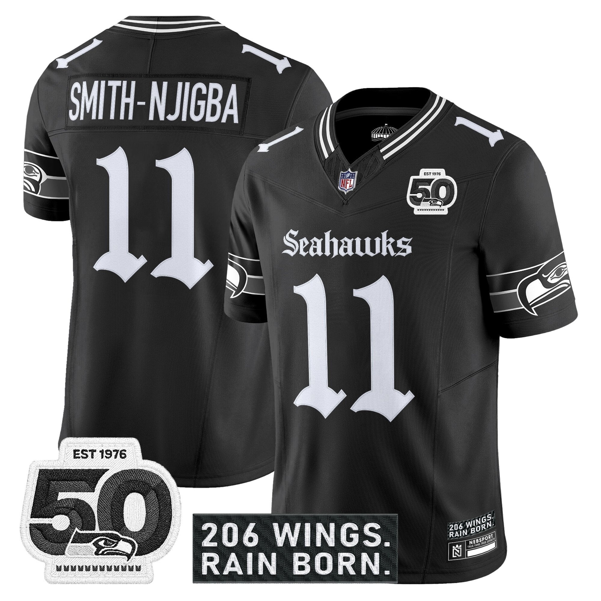 Men's Seattle Seahawks 'Gothic Rain City Shadows Edition' Vapor Jersey - 50th Anniversary Patch - All Stitched
