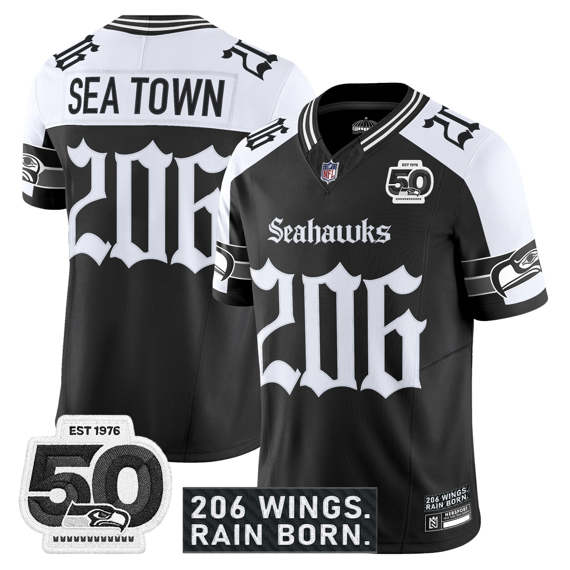 Men's Seattle Seahawks 'Gothic Rain City Shadows Edition' Vapor Jersey - 50th Anniversary Patch - All Stitched