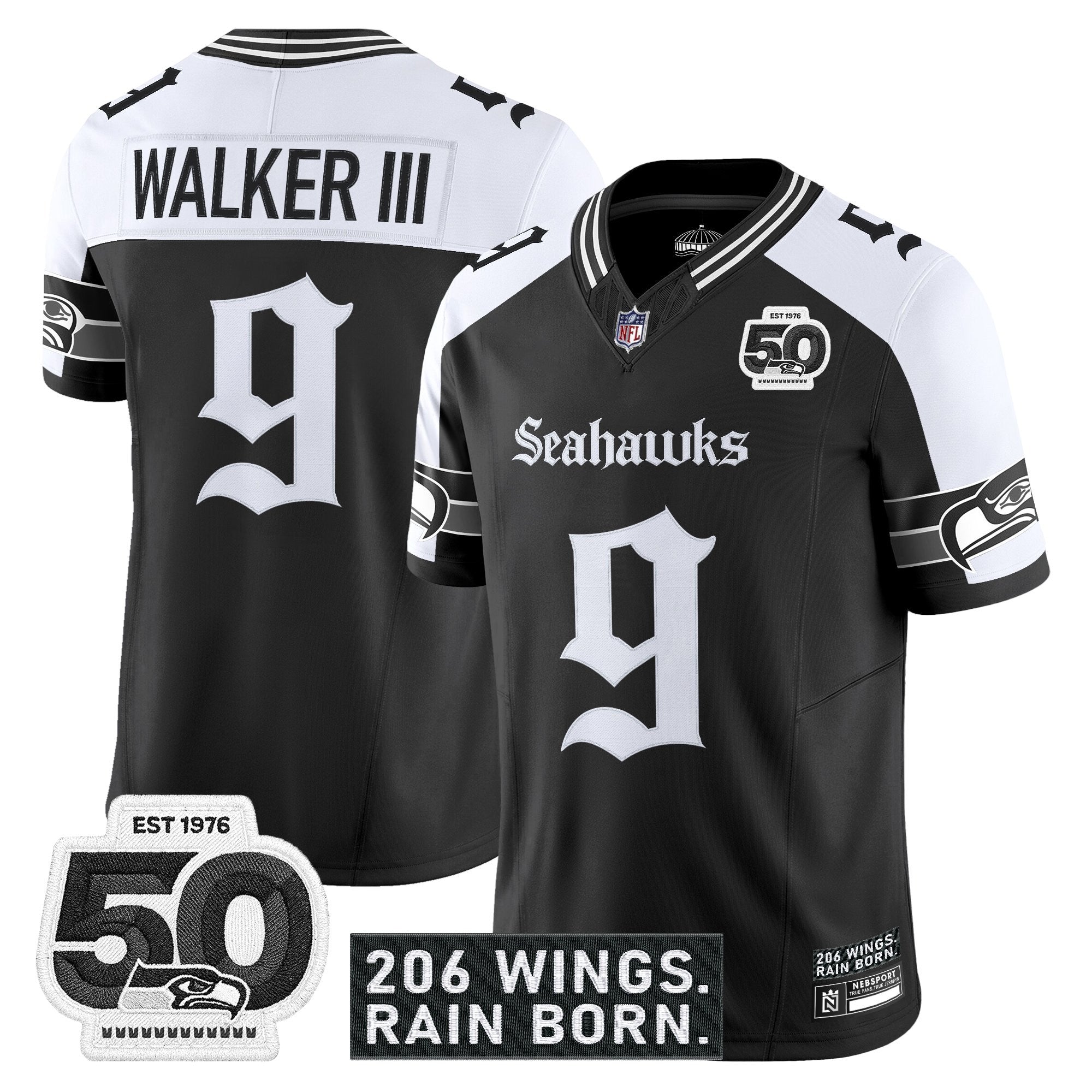 Men's Seattle Seahawks 'Gothic Rain City Shadows Edition' Vapor Jersey - 50th Anniversary Patch - All Stitched