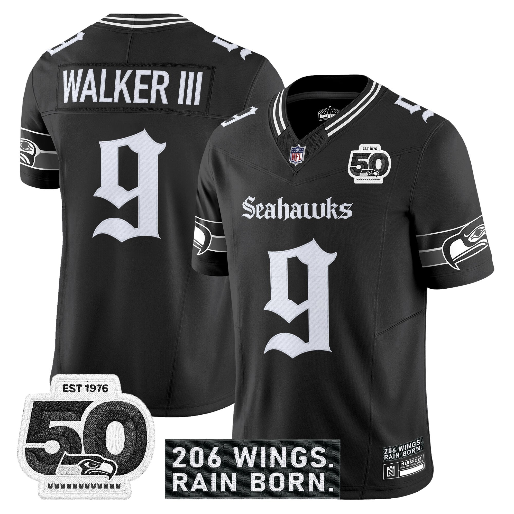Men's Seattle Seahawks 'Gothic Rain City Shadows Edition' Vapor Jersey - 50th Anniversary Patch - All Stitched