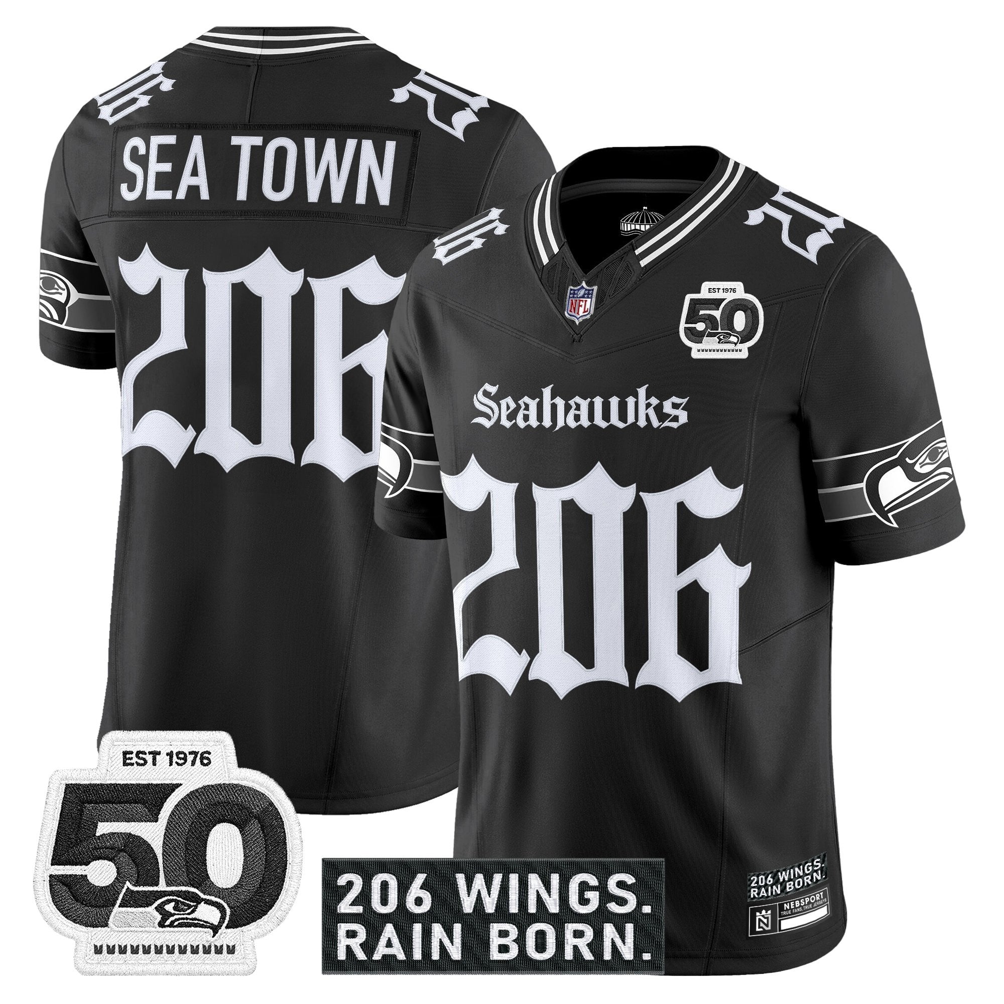 Men's Seattle Seahawks 'Gothic Rain City Shadows Edition' Vapor Jersey - 50th Anniversary Patch - All Stitched