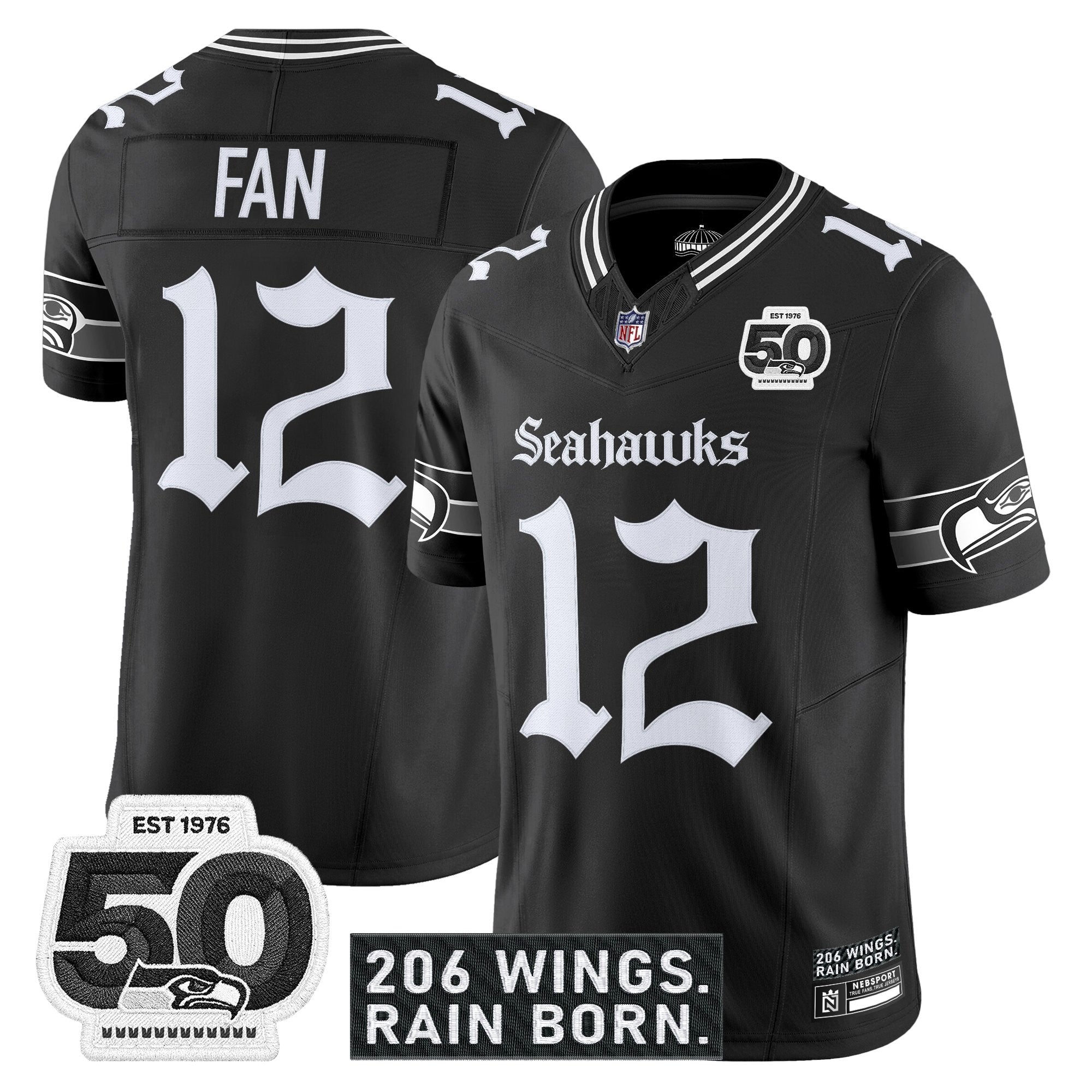 Men's Seattle Seahawks 'Gothic Rain City Shadows Edition' Vapor Jersey - 50th Anniversary Patch - All Stitched