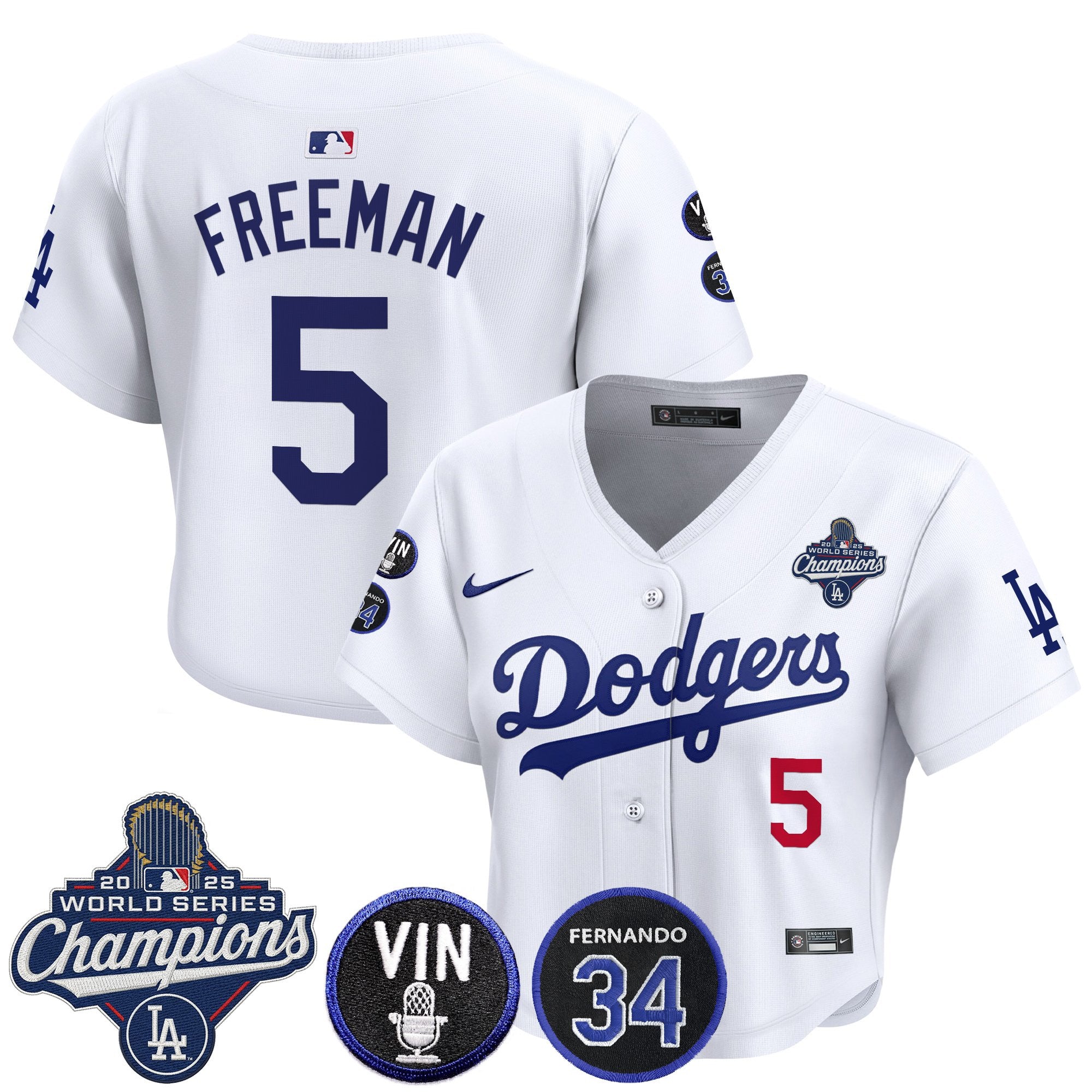 Women's Dodgers 2025 World Series Champions Crop Top Baseball Jersey - Vin Scully & Fernando Patch - All Stitched