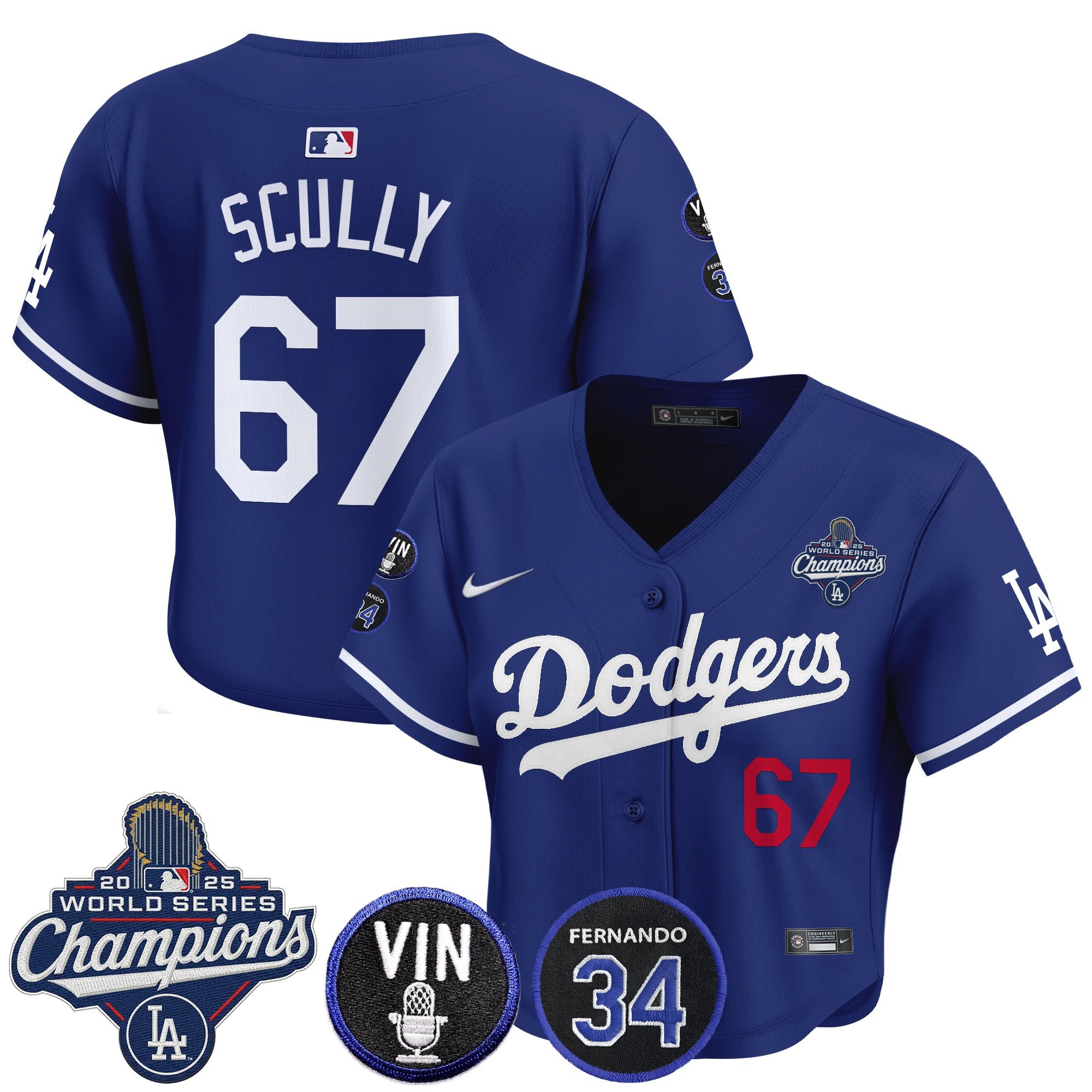 Women's Dodgers 2025 World Series Champions Crop Top Baseball Jersey - Vin Scully & Fernando Patch - All Stitched