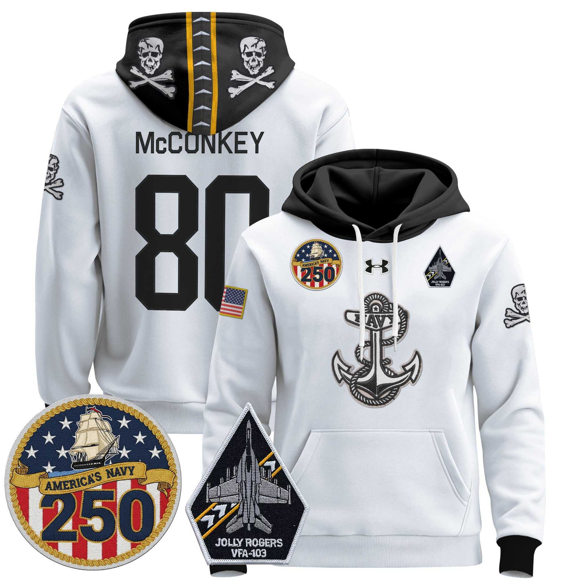 Men's Navy Midshipmen 'Jolly Rogers Edition' Pullover Hoodie - 250th Anniversary Patch - Stitched