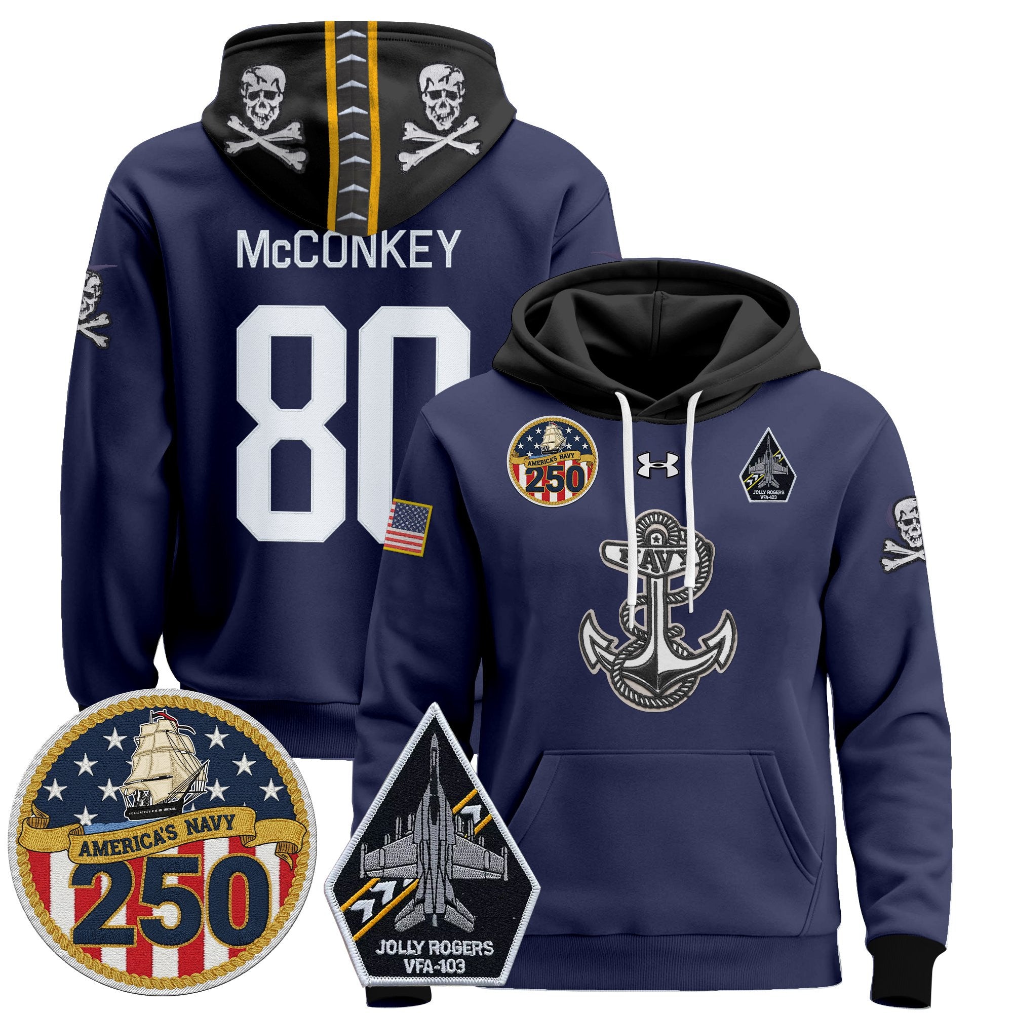 Men's Navy Midshipmen 'Jolly Rogers Edition' Pullover Hoodie - 250th Anniversary Patch - Stitched