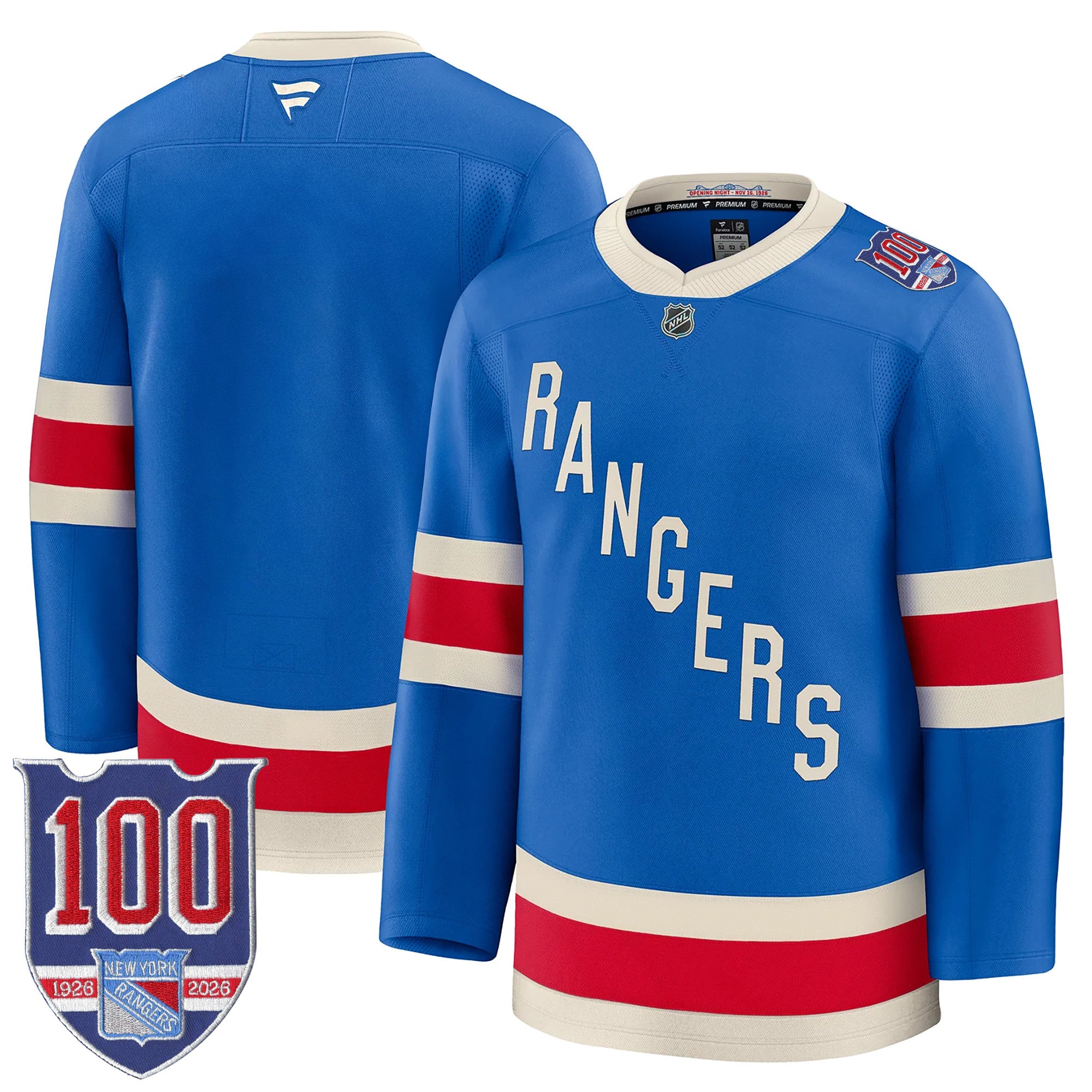 New York Rangers 1926 Throwback Premium Jersey - 100th Anniversary Patch - All Stitched