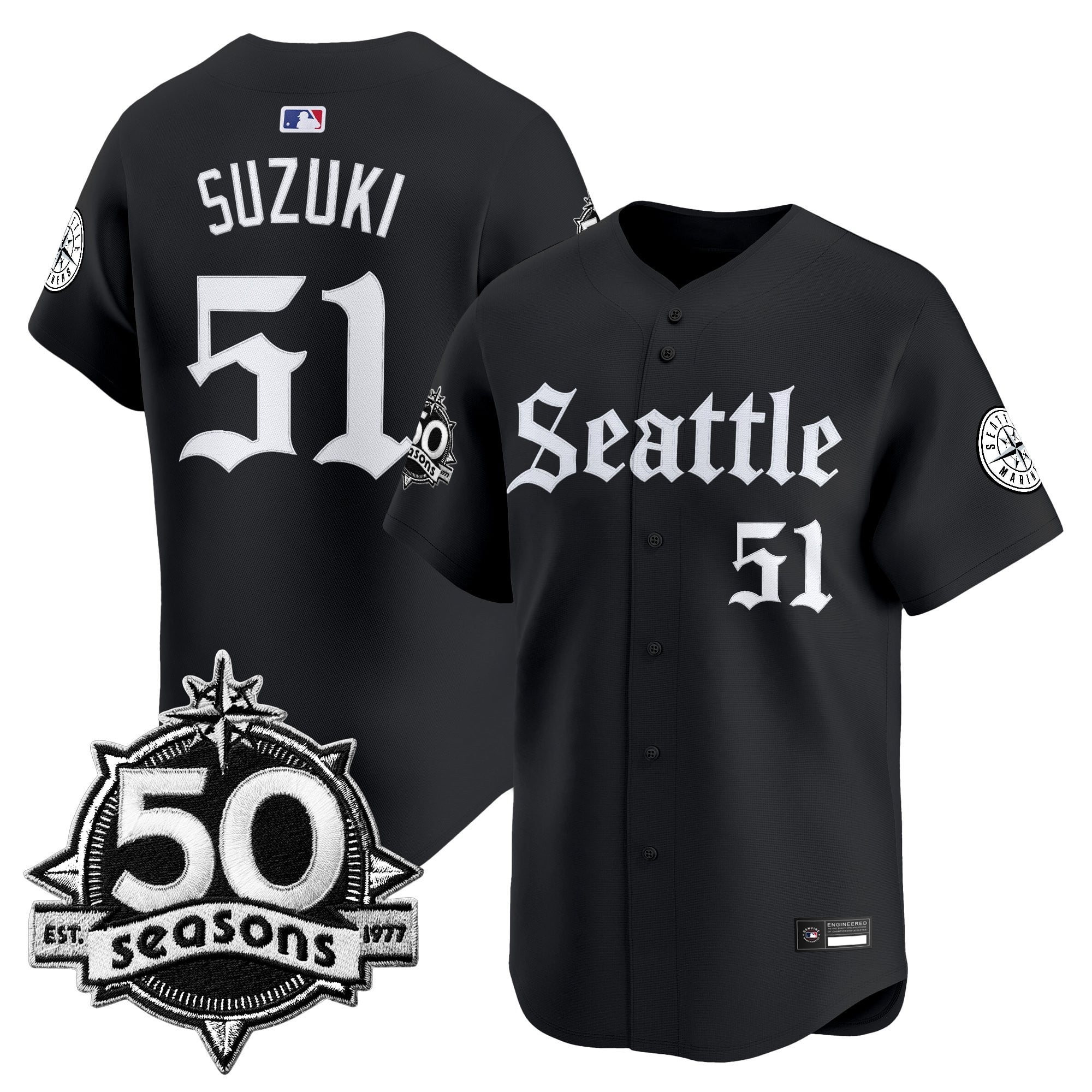 Men's Seattle Mariners 50 Seasons Patch Vapor Premier Limited Jersey - Gothic Edition - All Stitched