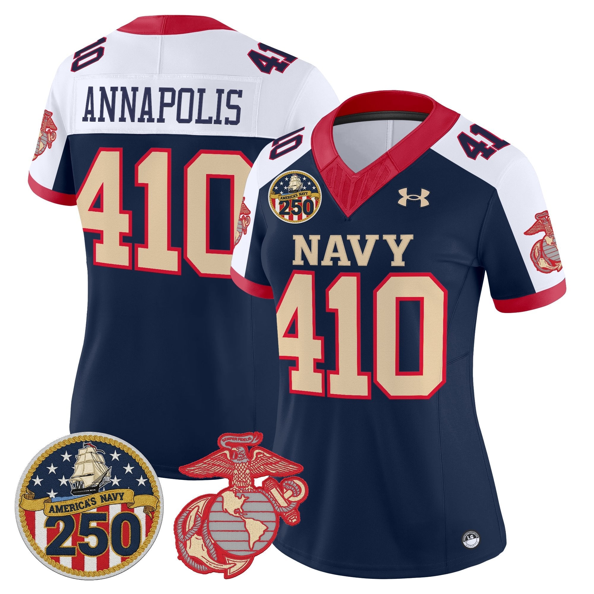 Women's Navy Midshipmen Vapor USMC Premier Jersey - 250th Anniversary Patch - All Stitched