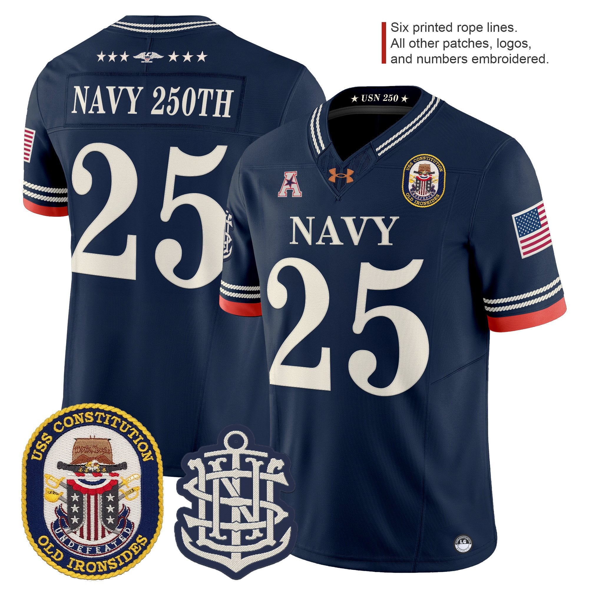 Men's Navy Midshipmen 250th Anniversary Vapor Limited Jersey - USS Constitution Patch - Stitched
