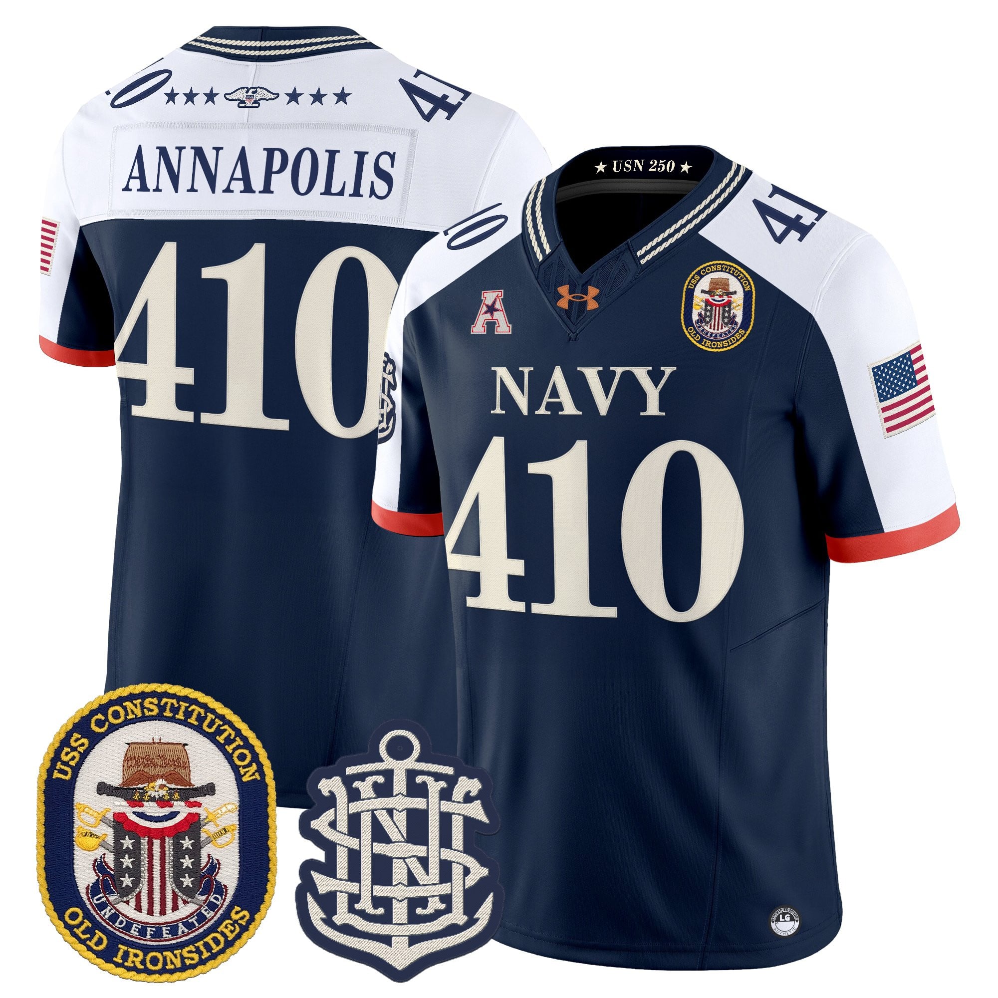 Men's Navy Midshipmen 250th Anniversary Vapor Limited Jersey - USS Constitution Patch - Stitched