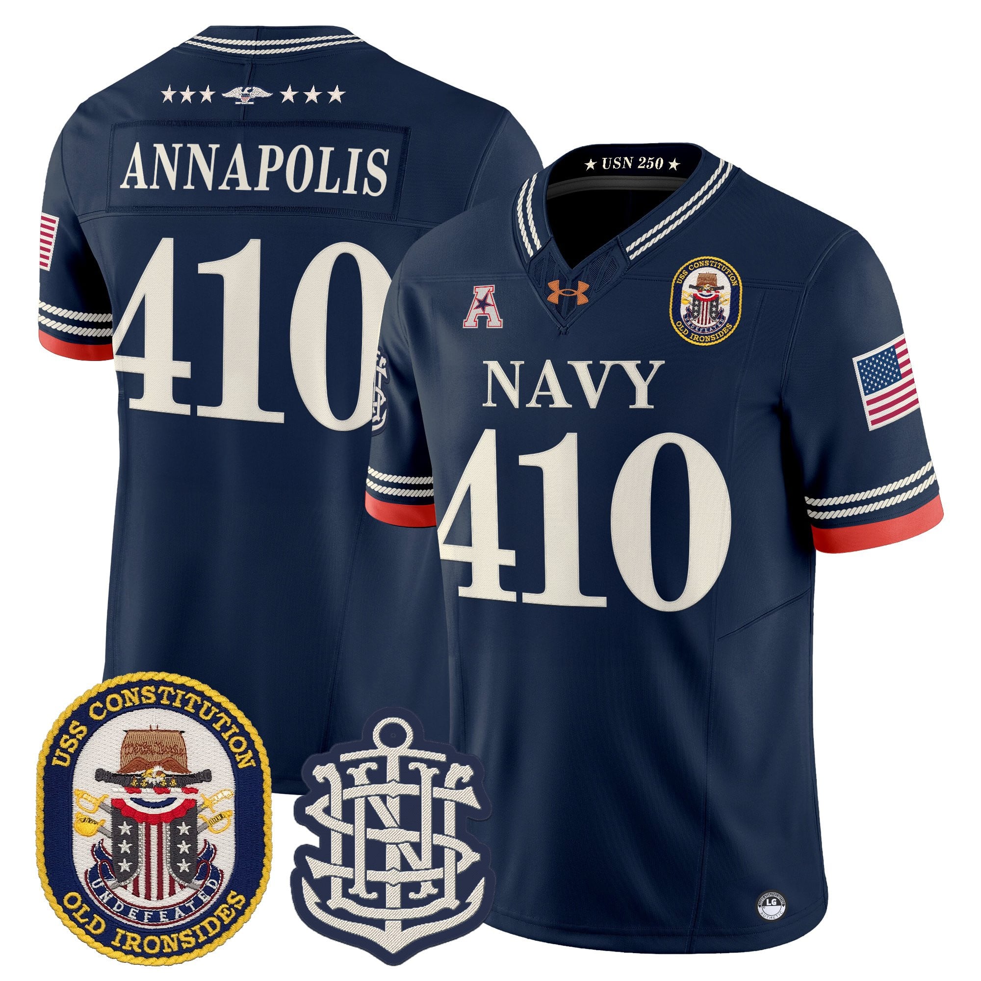 Men's Navy Midshipmen 250th Anniversary Vapor Limited Jersey - USS Constitution Patch - Stitched