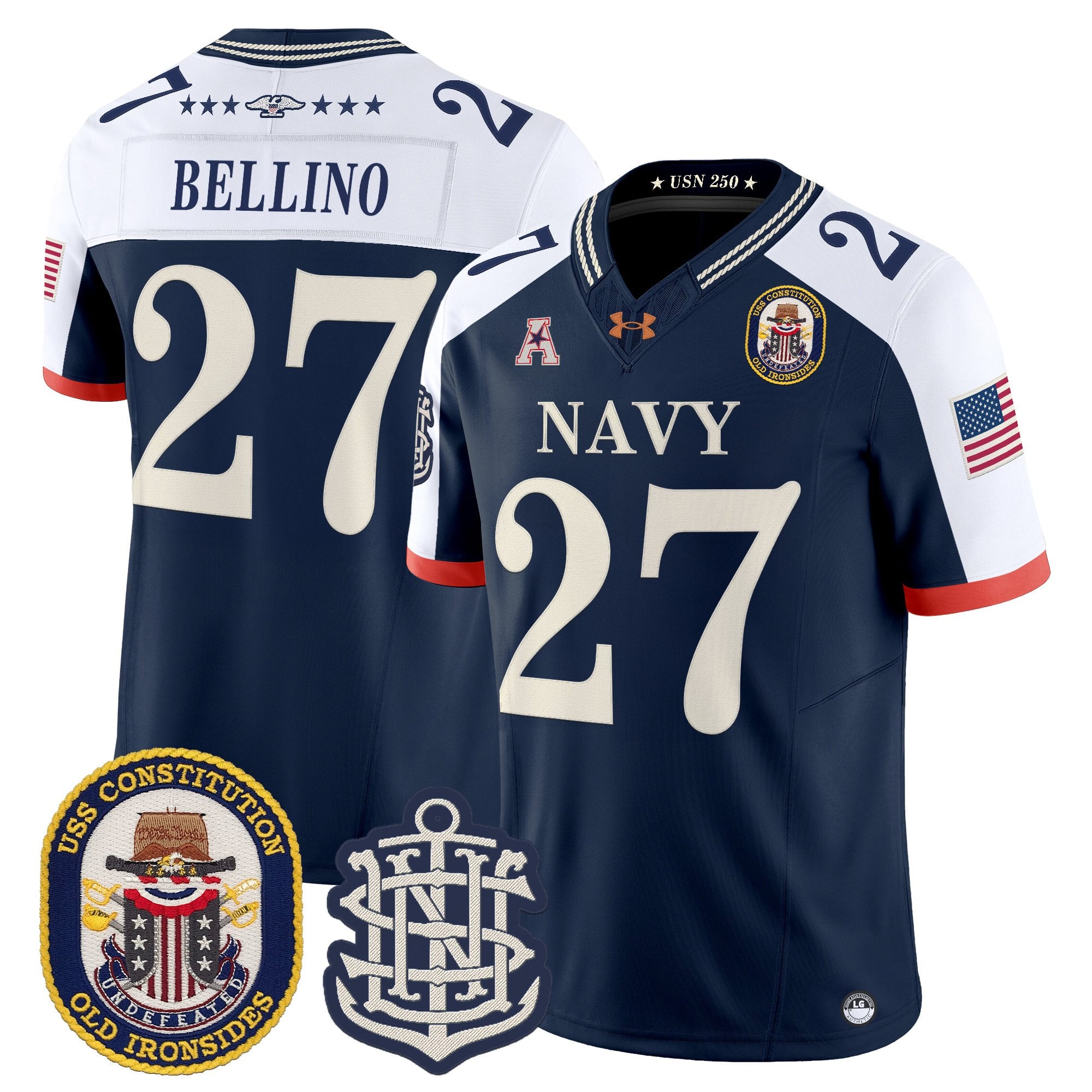 Men's Navy Midshipmen 250th Anniversary Vapor Limited Jersey - USS Constitution Patch - Stitched