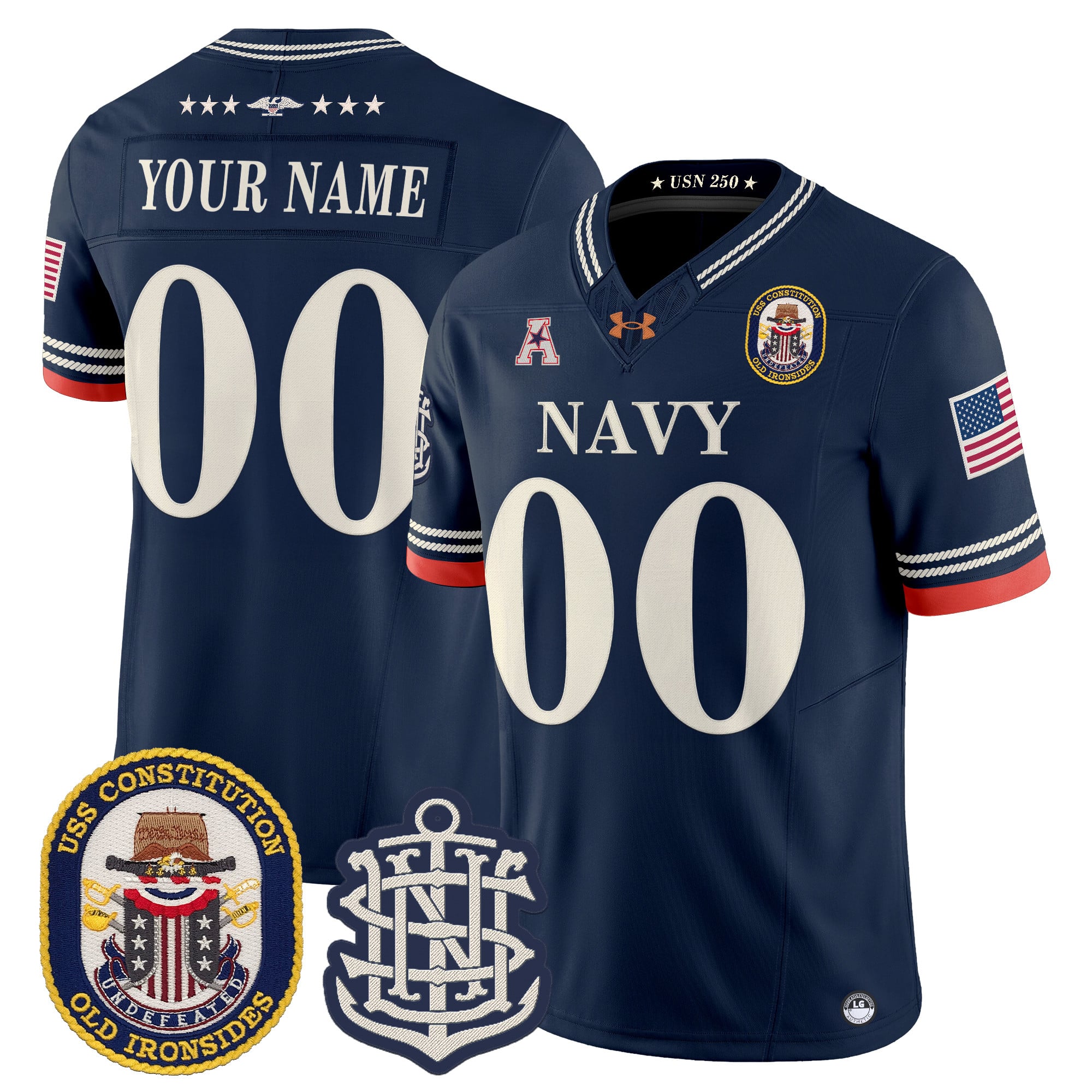 Navy Midshipmen 250th Anniversary Vapor Limited Custom Jersey - USS Constitution Patch - Stitched