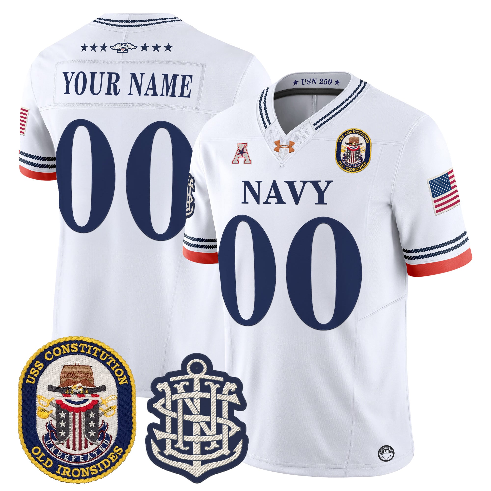 Navy Midshipmen 250th Anniversary Vapor Limited Custom Jersey - USS Constitution Patch - Stitched