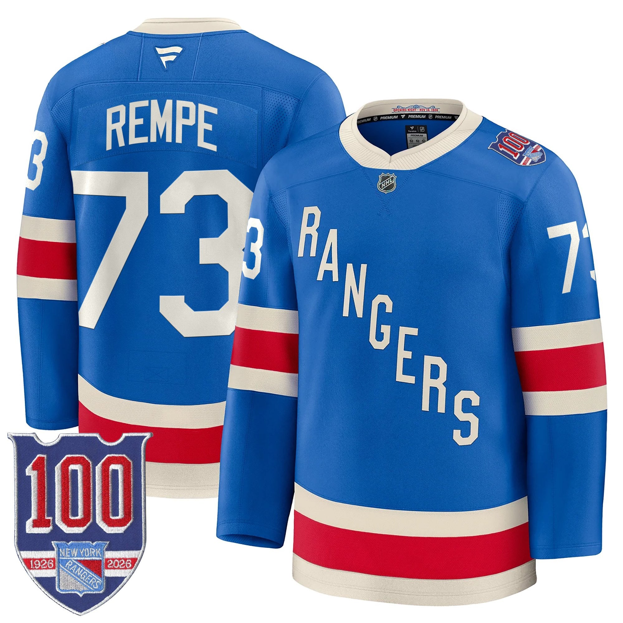 New York Rangers 1926 Throwback Premium Jersey - 100th Anniversary Patch - All Stitched