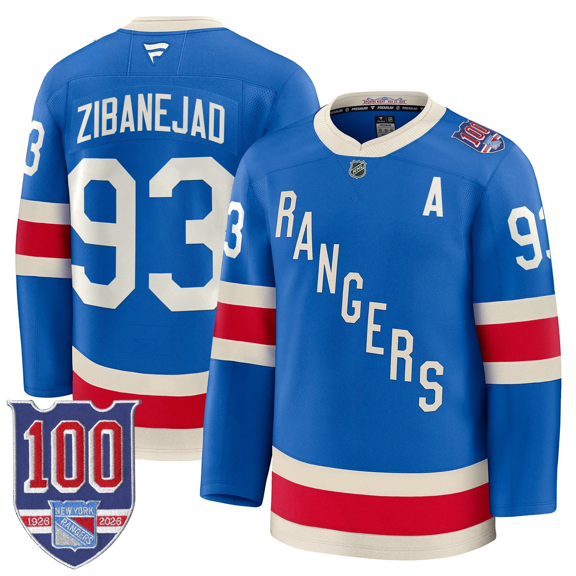 New York Rangers 1926 Throwback Premium Jersey - 100th Anniversary Patch - All Stitched