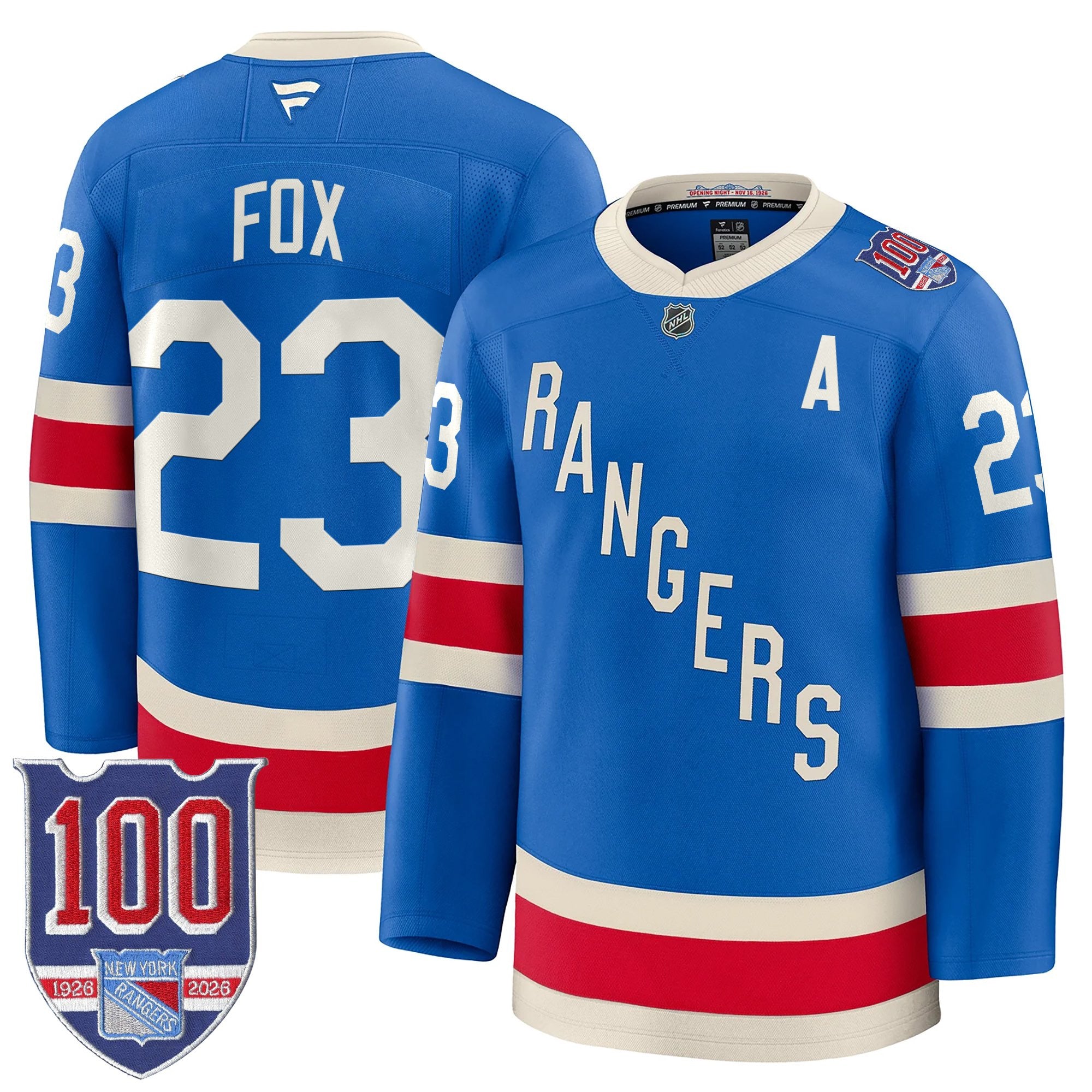 New York Rangers 1926 Throwback Premium Jersey - 100th Anniversary Patch - All Stitched